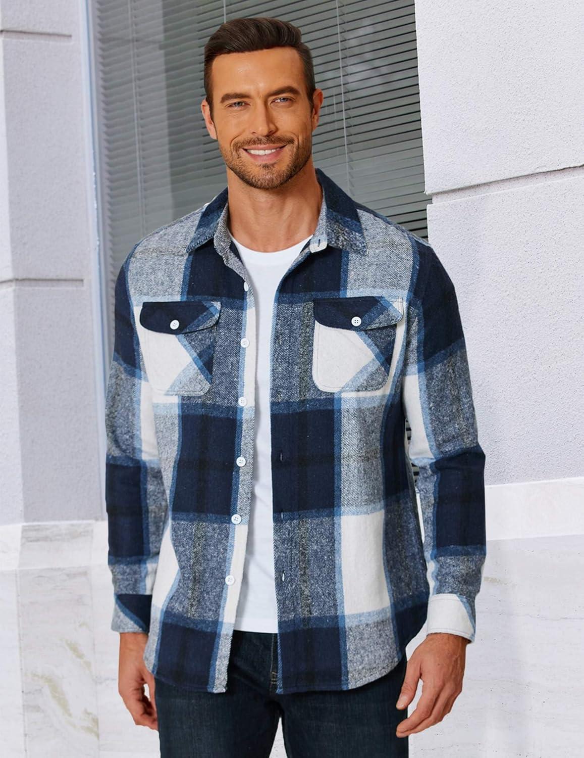 imageCOOFANDY Men Flannel Shirt Casual Button Down Shirt Jacket Long Sleeve Plaid Shirts with PocketsNavy Blue