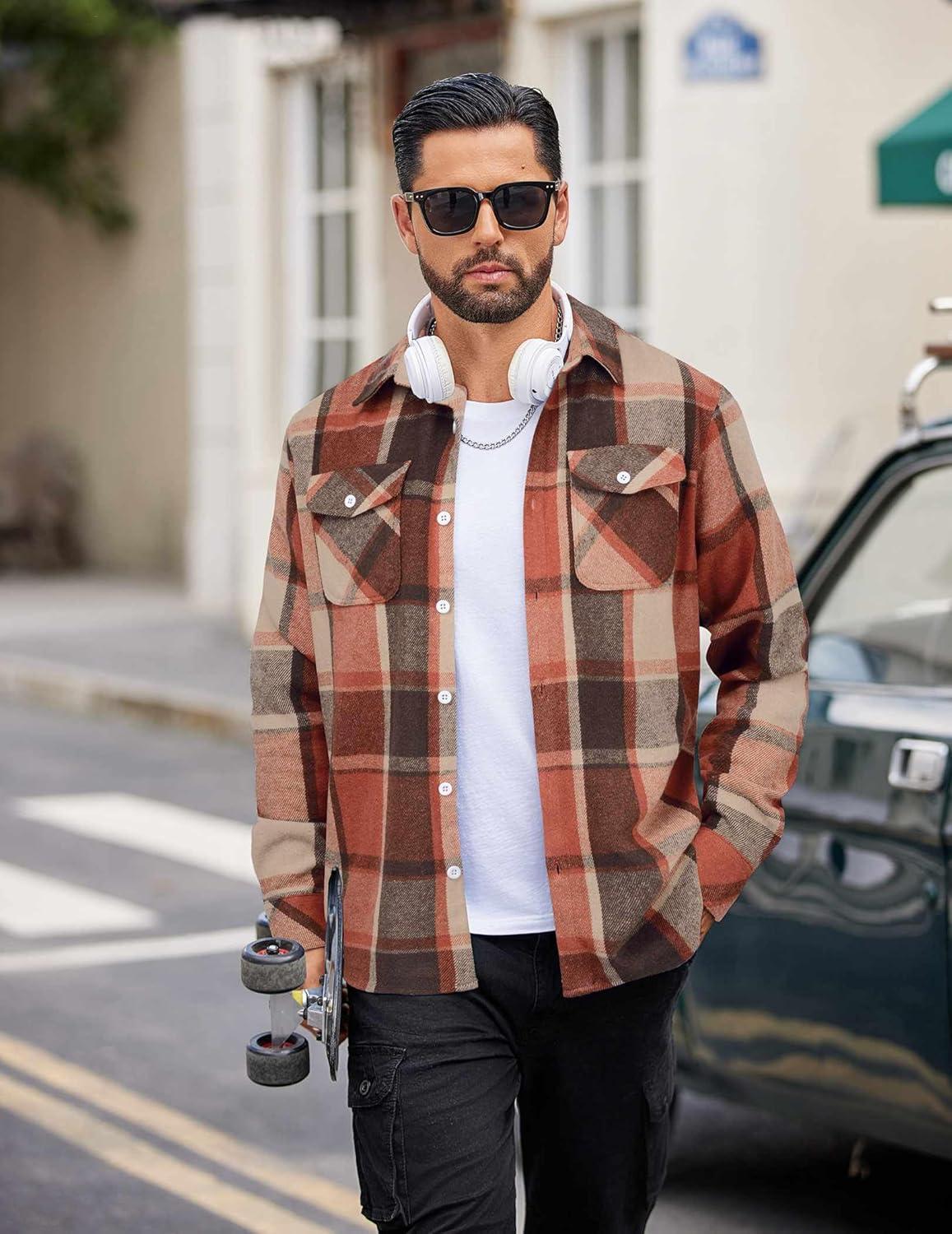 imageCOOFANDY Men Flannel Shirt Casual Button Down Shirt Jacket Long Sleeve Plaid Shirts with PocketsOrange