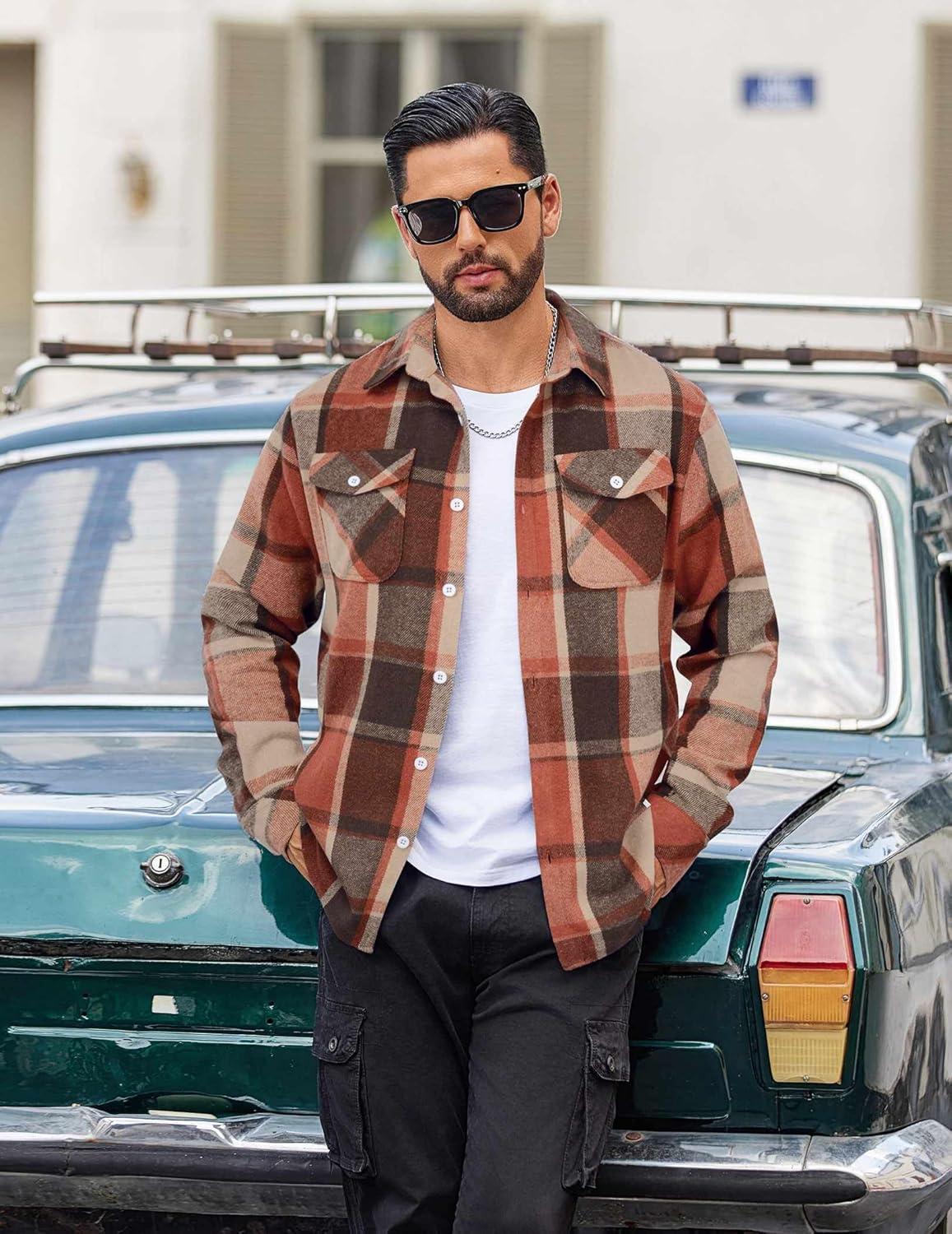 imageCOOFANDY Men Flannel Shirt Casual Button Down Shirt Jacket Long Sleeve Plaid Shirts with PocketsOrange