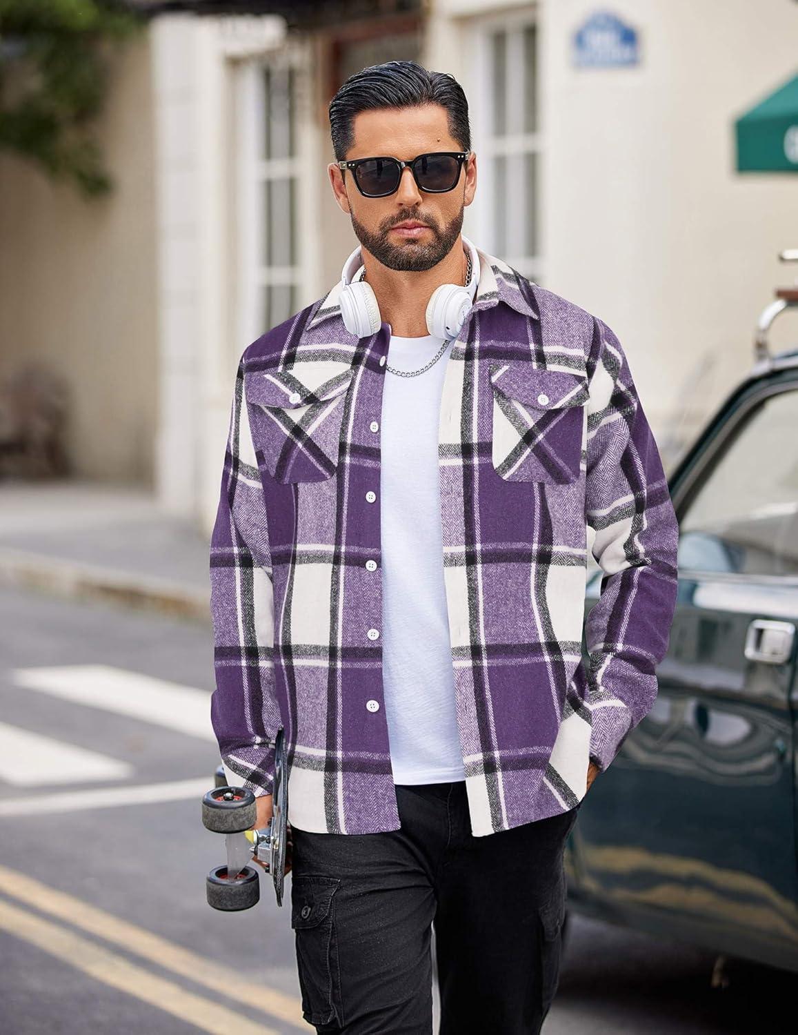 imageCOOFANDY Men Flannel Shirt Casual Button Down Shirt Jacket Long Sleeve Plaid Shirts with PocketsPurple