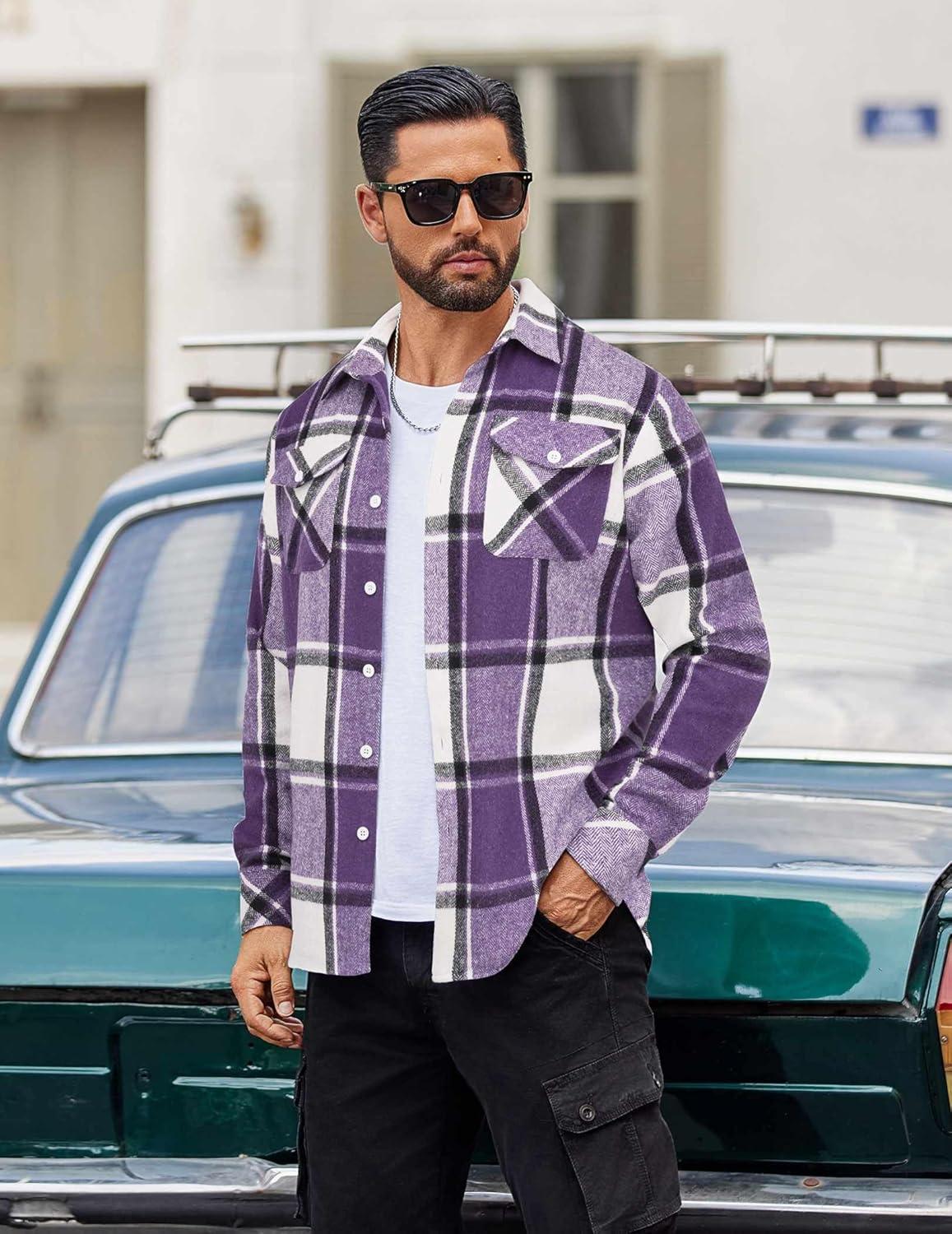imageCOOFANDY Men Flannel Shirt Casual Button Down Shirt Jacket Long Sleeve Plaid Shirts with PocketsPurple