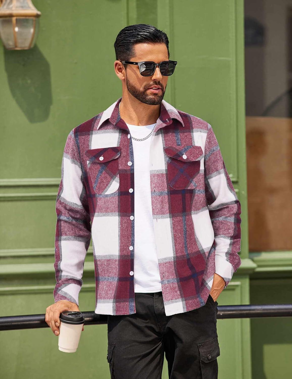 imageCOOFANDY Men Flannel Shirt Casual Button Down Shirt Jacket Long Sleeve Plaid Shirts with PocketsRed