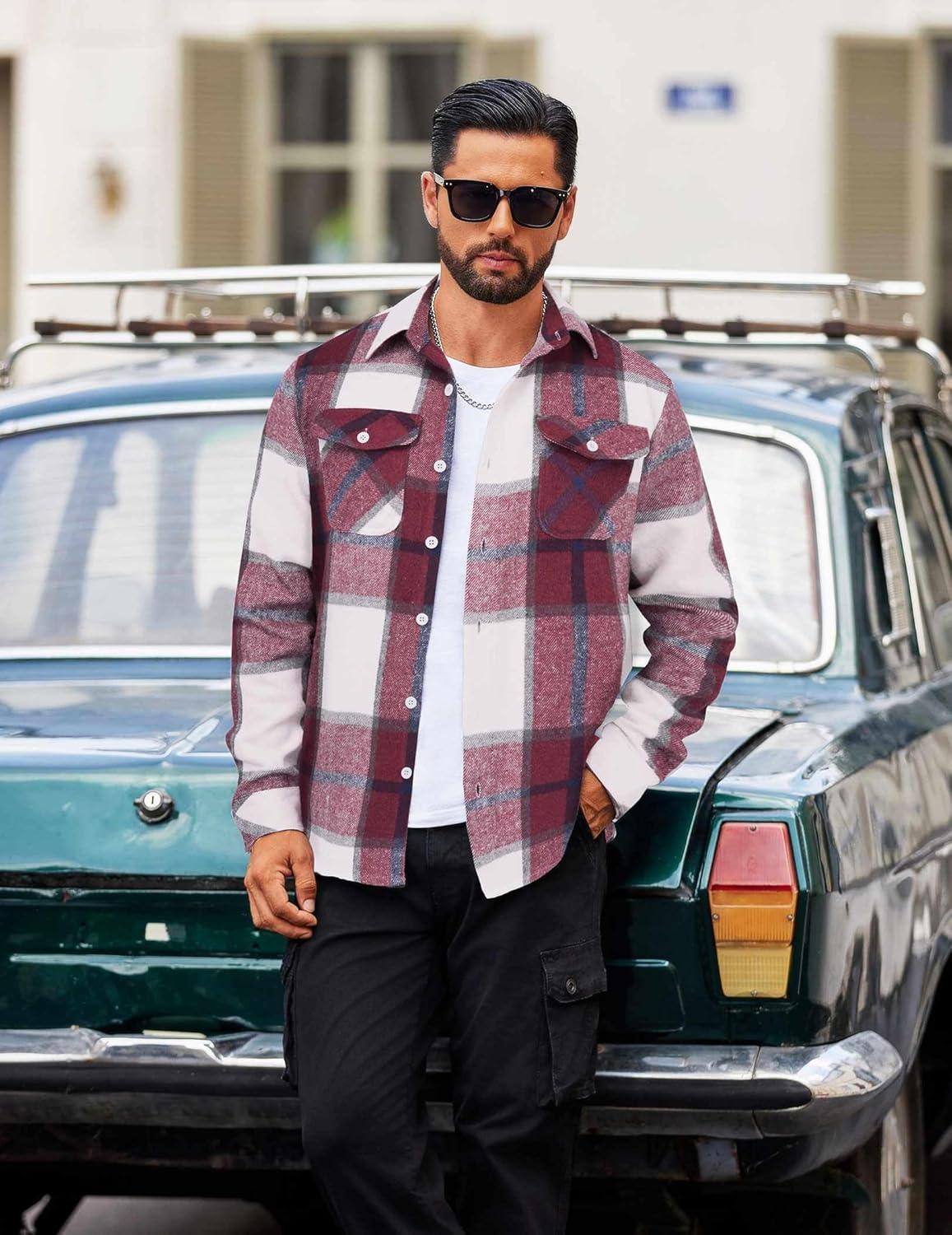 imageCOOFANDY Men Flannel Shirt Casual Button Down Shirt Jacket Long Sleeve Plaid Shirts with PocketsRed