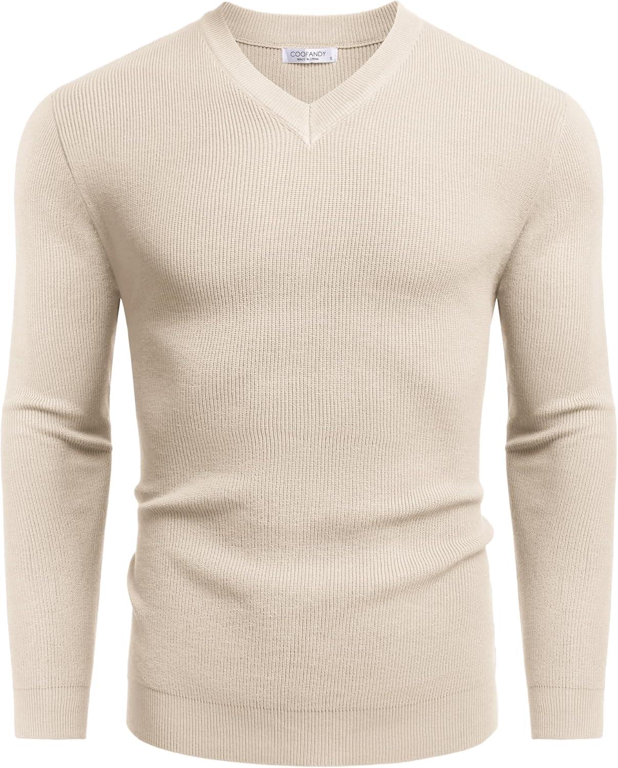 imageCOOFANDY Men V Neck Dress Sweater Knit Long Sleeve Casual Slim Fit Pullover SweaterApricot
