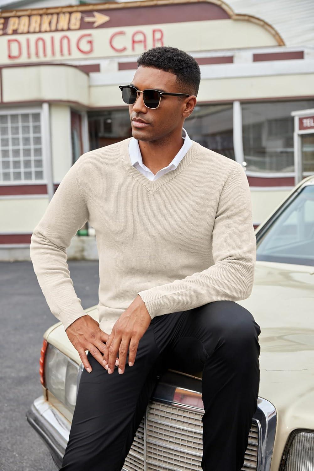 imageCOOFANDY Men V Neck Dress Sweater Knit Long Sleeve Casual Slim Fit Pullover SweaterApricot