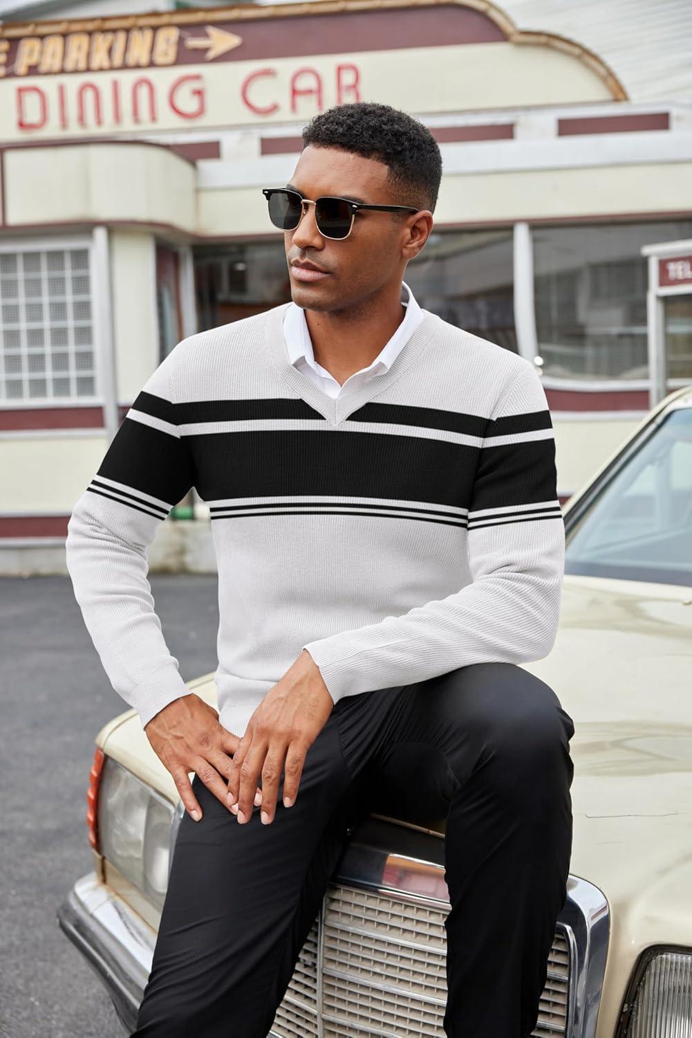 imageCOOFANDY Men V Neck Dress Sweater Knit Long Sleeve Casual Slim Fit Pullover SweaterBlack  White