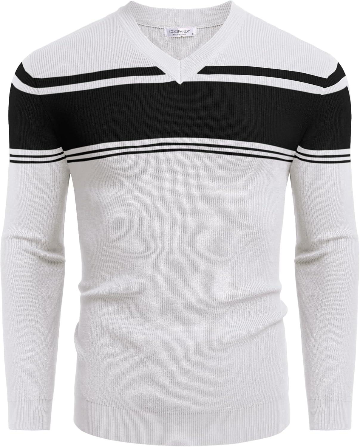 imageCOOFANDY Men V Neck Dress Sweater Knit Long Sleeve Casual Slim Fit Pullover SweaterBlack  White