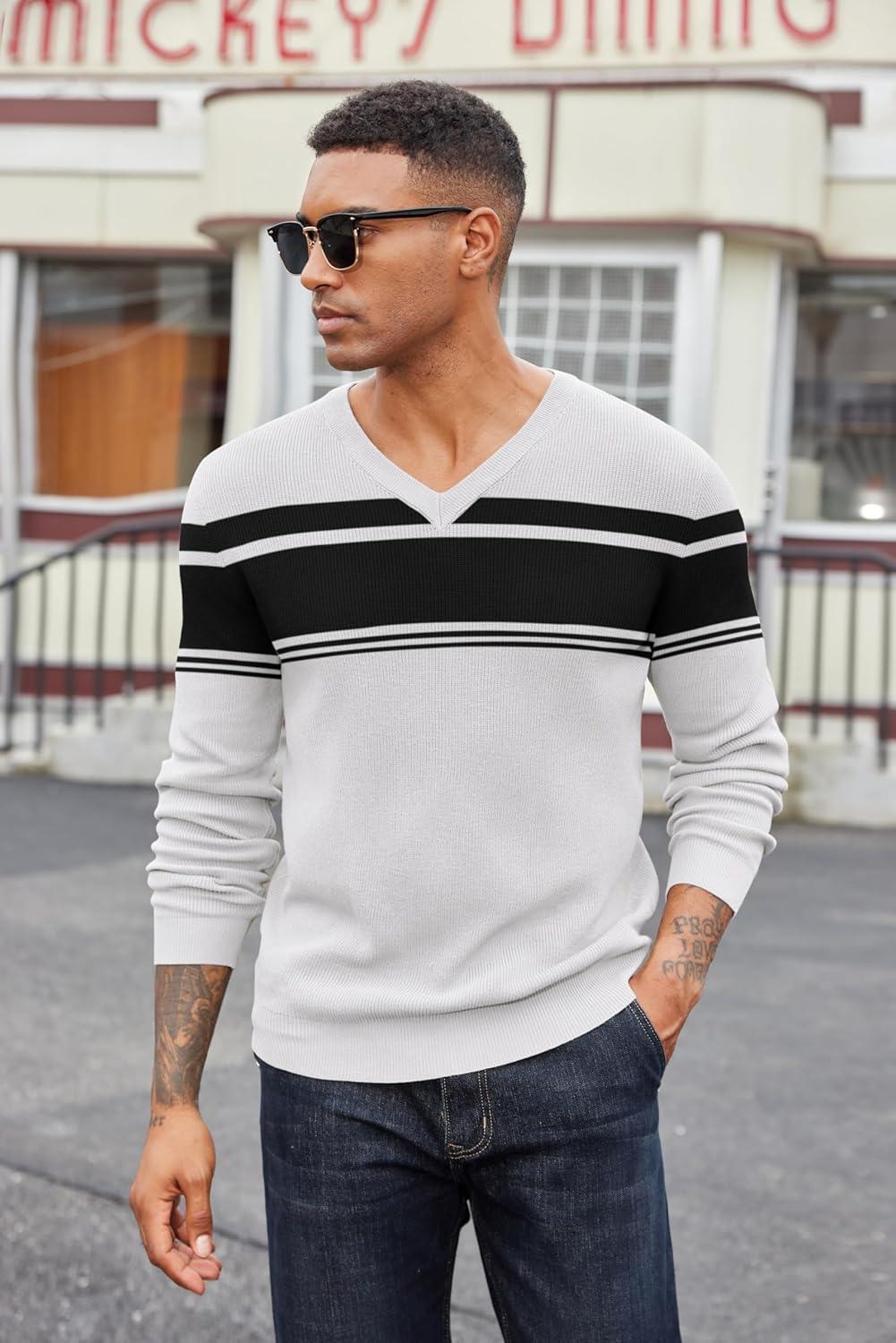 imageCOOFANDY Men V Neck Dress Sweater Knit Long Sleeve Casual Slim Fit Pullover SweaterBlack  White