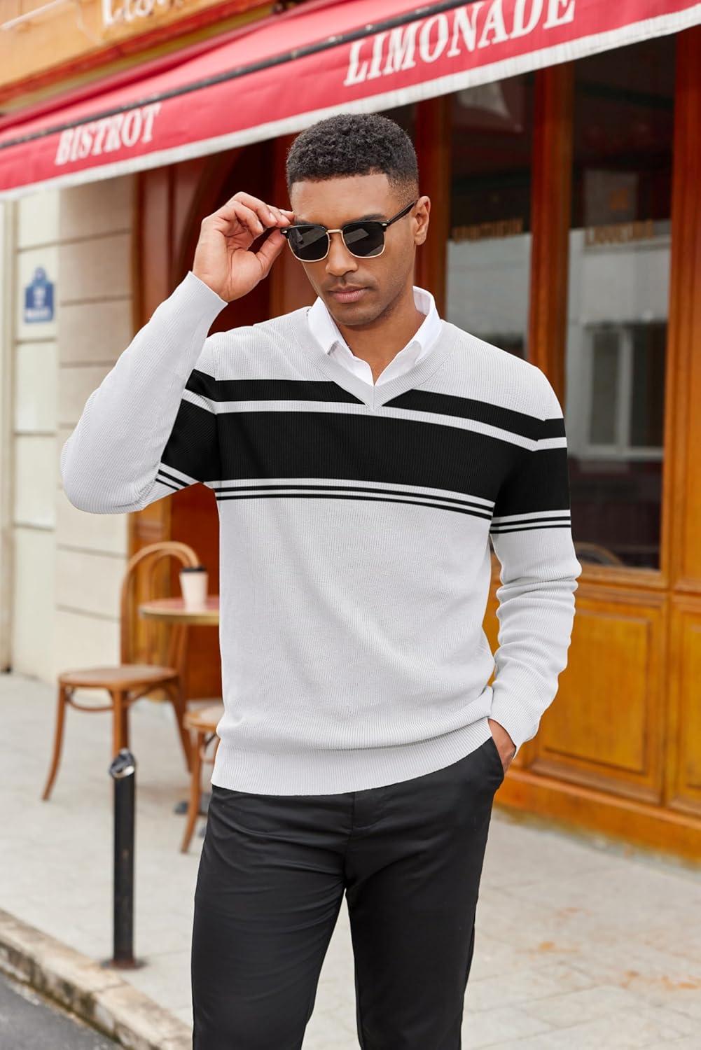 imageCOOFANDY Men V Neck Dress Sweater Knit Long Sleeve Casual Slim Fit Pullover SweaterBlack  White