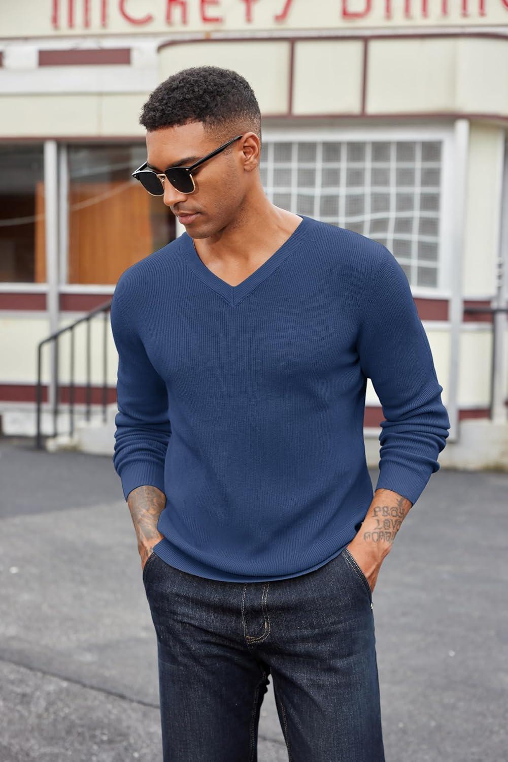 imageCOOFANDY Men V Neck Dress Sweater Knit Long Sleeve Casual Slim Fit Pullover SweaterDeep Blue