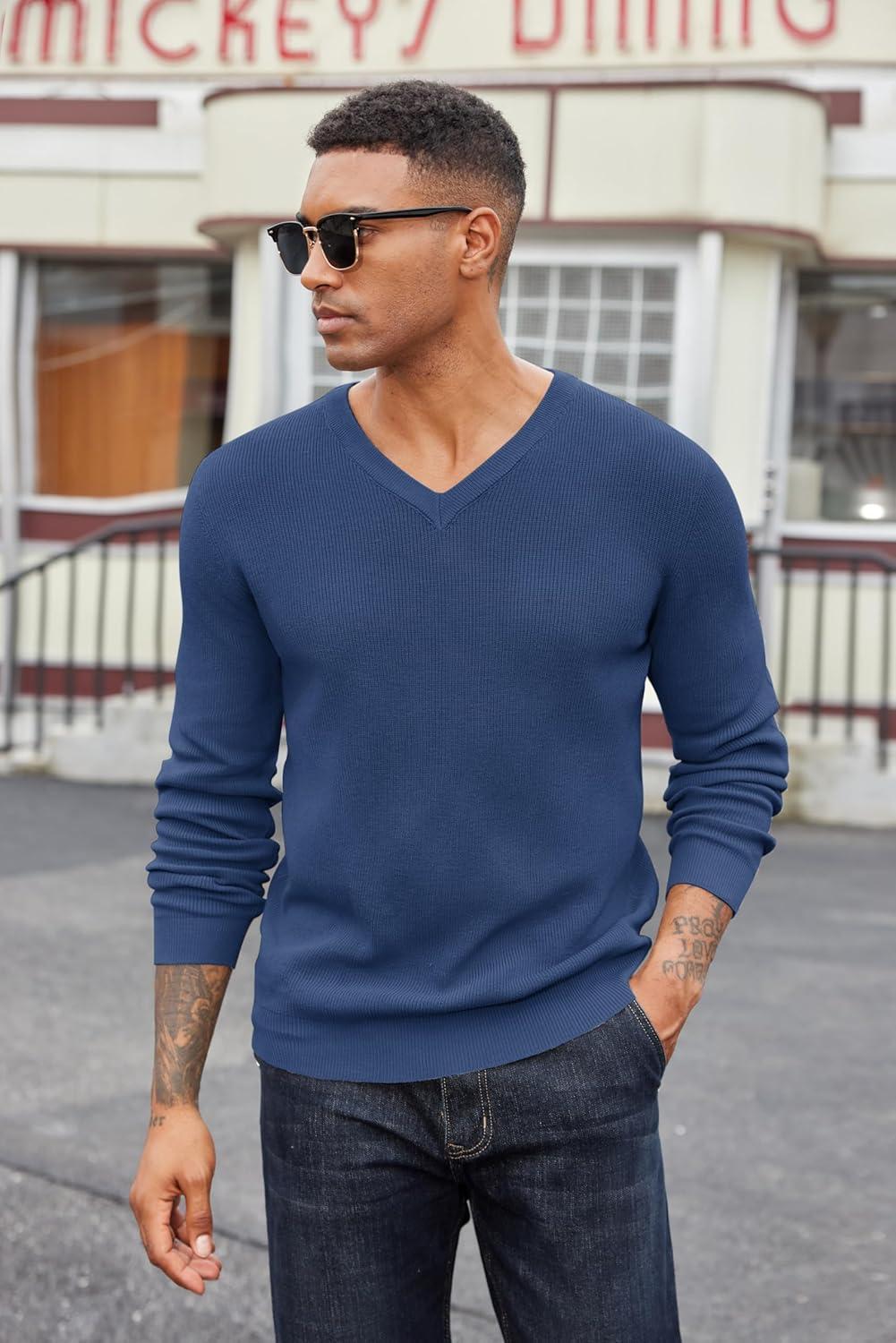 imageCOOFANDY Men V Neck Dress Sweater Knit Long Sleeve Casual Slim Fit Pullover SweaterDeep Blue