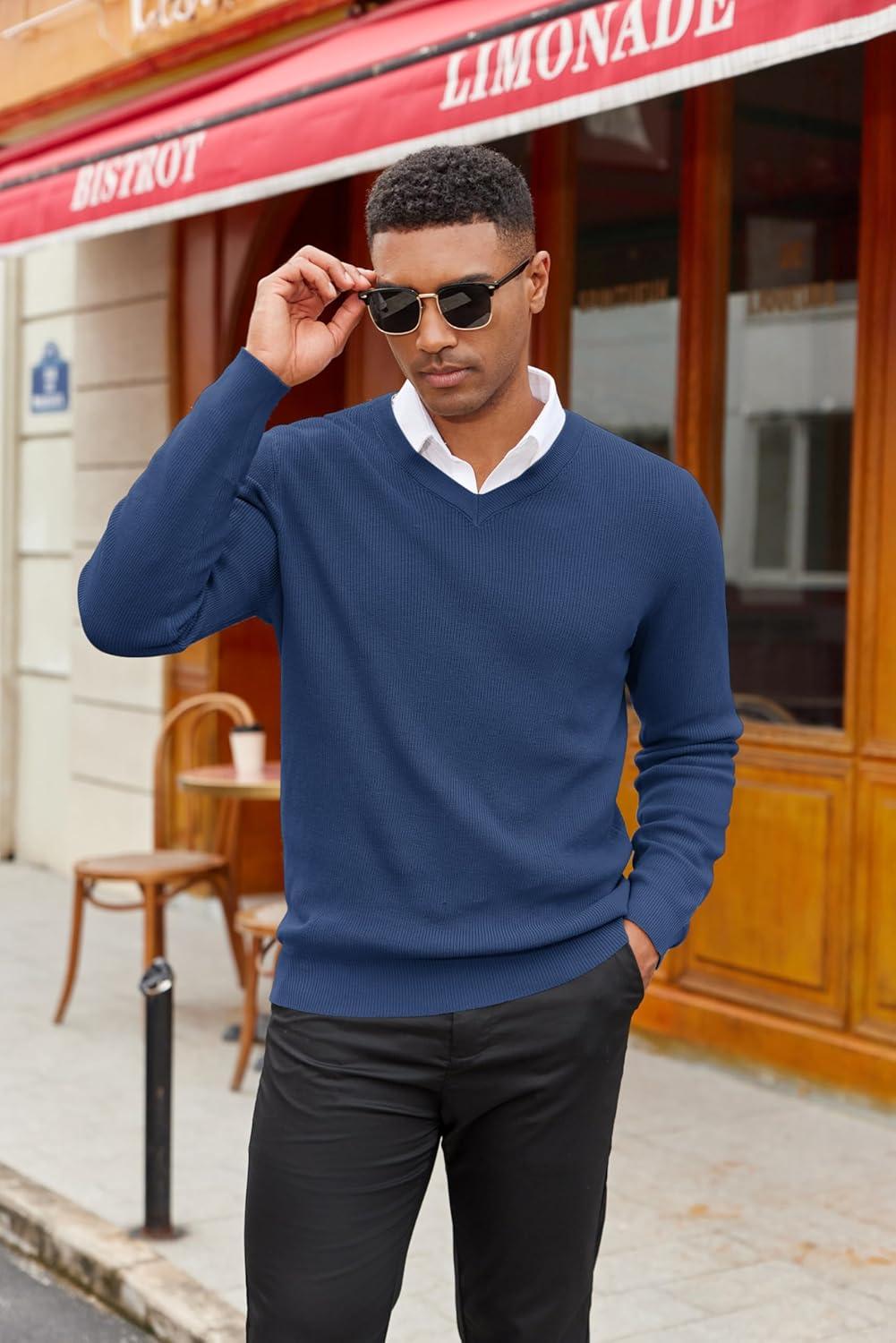 imageCOOFANDY Men V Neck Dress Sweater Knit Long Sleeve Casual Slim Fit Pullover SweaterDeep Blue