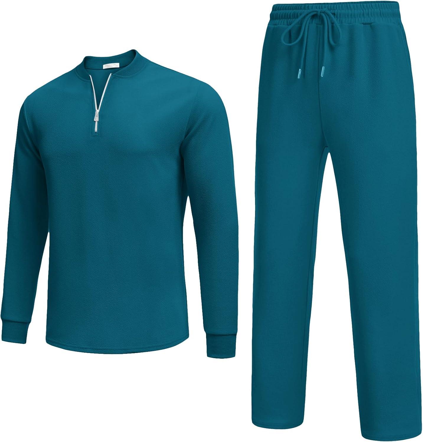 imageCOOFANDY Mens 2 Piece Tracksuit Set Polo Athletic Sweatsuit Quarter Zip Jogging Long Sleeve Casual Sports OutfitsDenim Blue