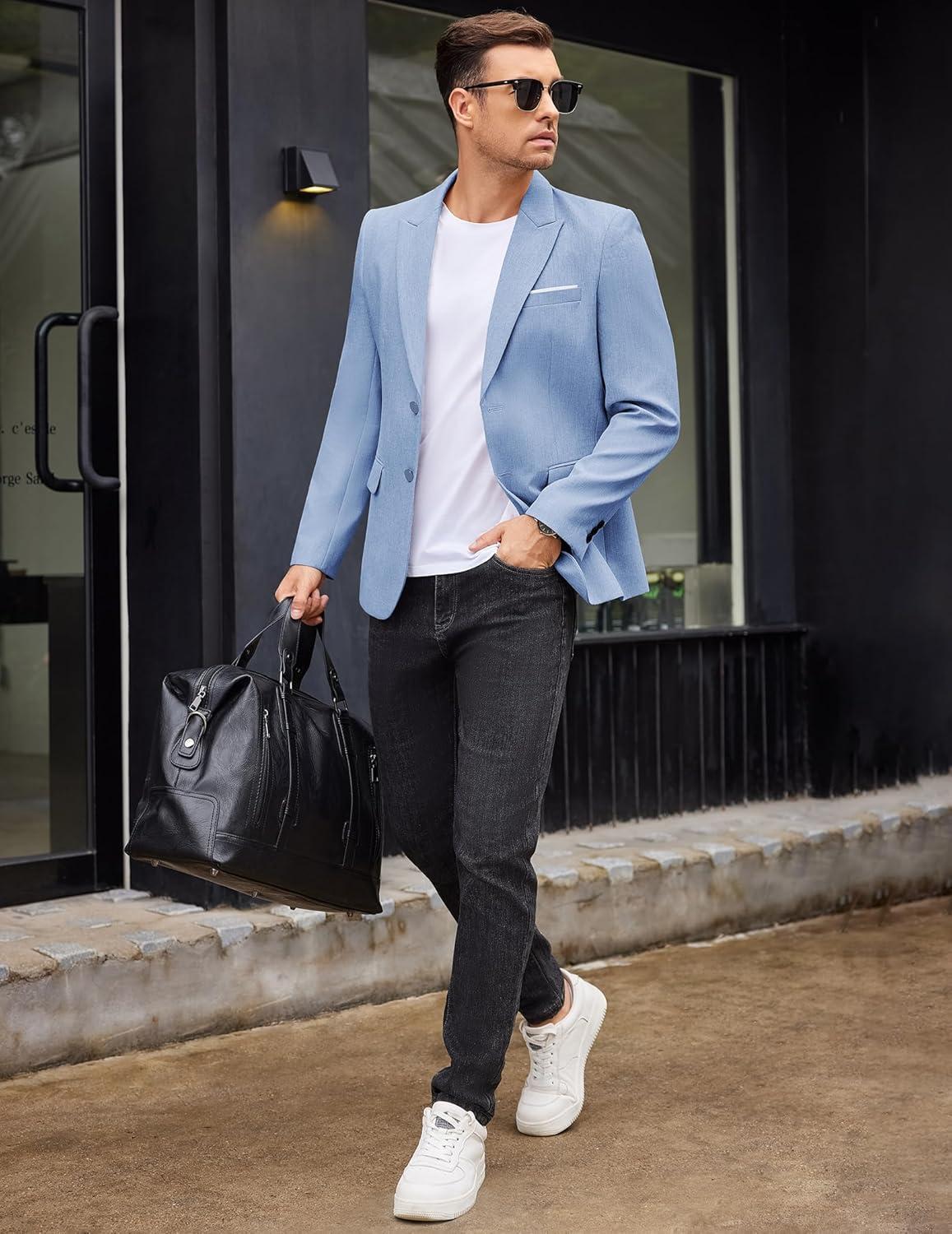 imageCOOFANDY Mens Blazer Casual Two Buttons Sport Coat Slim Fit Lightweight Suit JacketsLight Blue