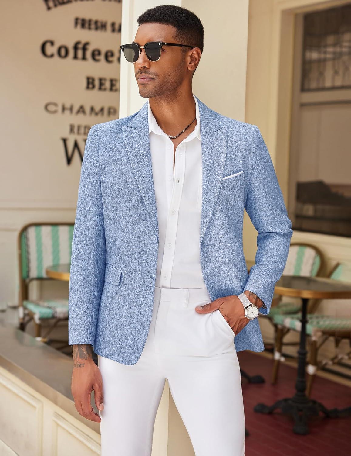 imageCOOFANDY Mens Blazer Casual Two Buttons Sport Coat Slim Fit Lightweight Suit JacketsLight Blue