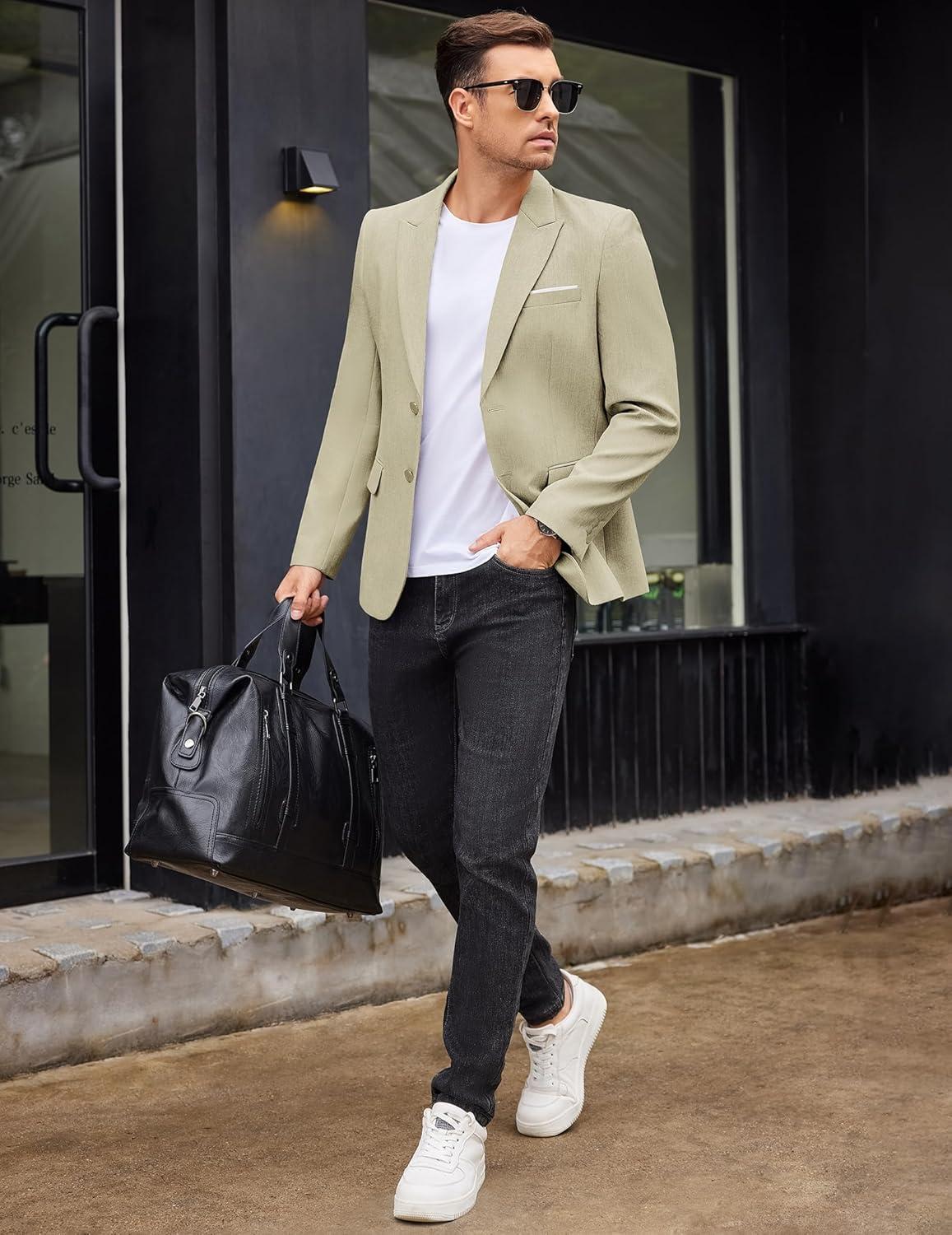imageCOOFANDY Mens Blazer Casual Two Buttons Sport Coat Slim Fit Lightweight Suit JacketsLight Khaki