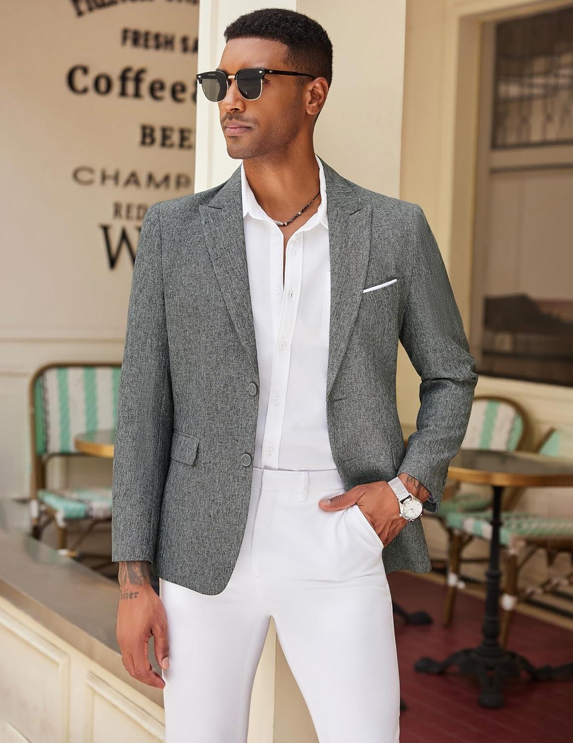 imageCOOFANDY Mens Blazer Casual Two Buttons Sport Coat Slim Fit Lightweight Suit JacketsLinen Grey