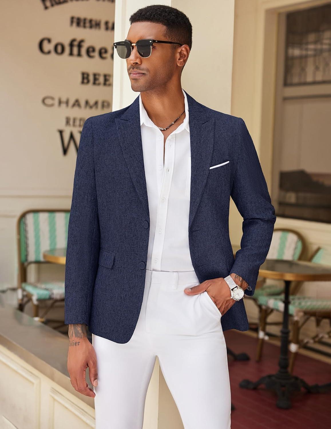 imageCOOFANDY Mens Blazer Casual Two Buttons Sport Coat Slim Fit Lightweight Suit JacketsNavy Blue