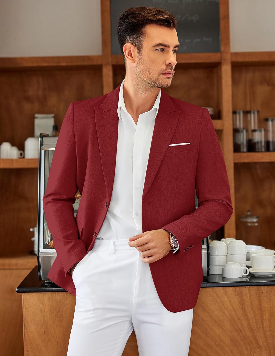 imageCOOFANDY Mens Blazer Casual Two Buttons Sport Coat Slim Fit Lightweight Suit JacketsRed
