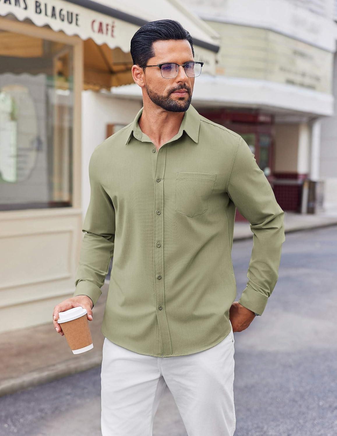 imageCOOFANDY Mens Button Down Shirt Casual Untucked Shirts Long Sleeve Dress Shirt with PocketArmy Green