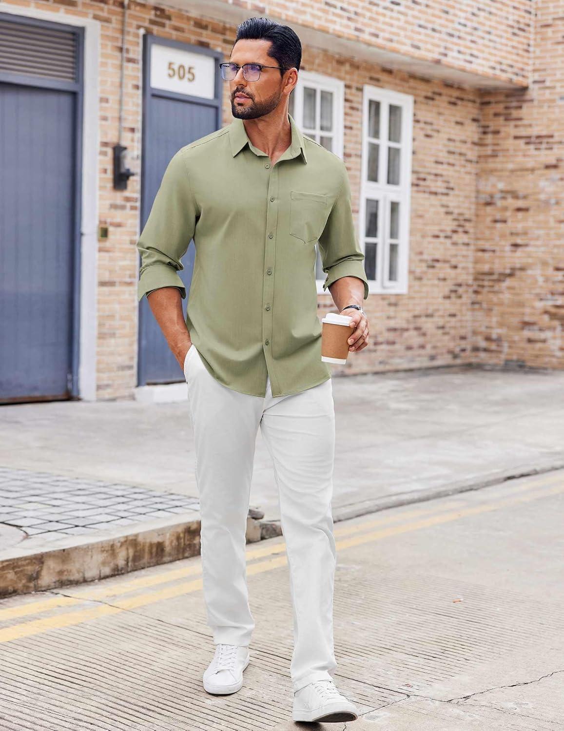 imageCOOFANDY Mens Button Down Shirt Casual Untucked Shirts Long Sleeve Dress Shirt with PocketArmy Green