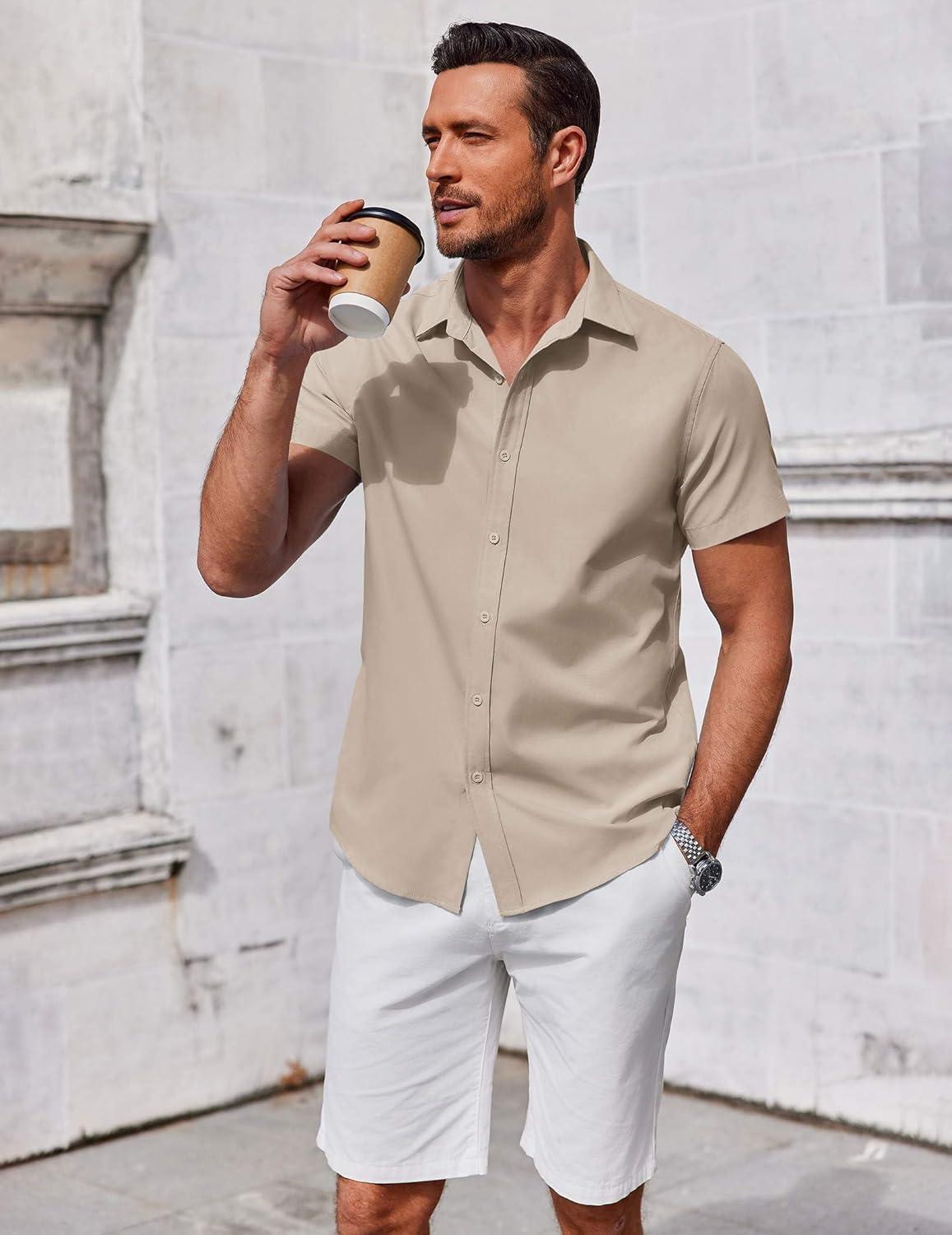 imageCOOFANDY Mens Button Down Shirt Short Sleeve Casual Shirt for Men Summer Business Casual Dress ShirtBeige