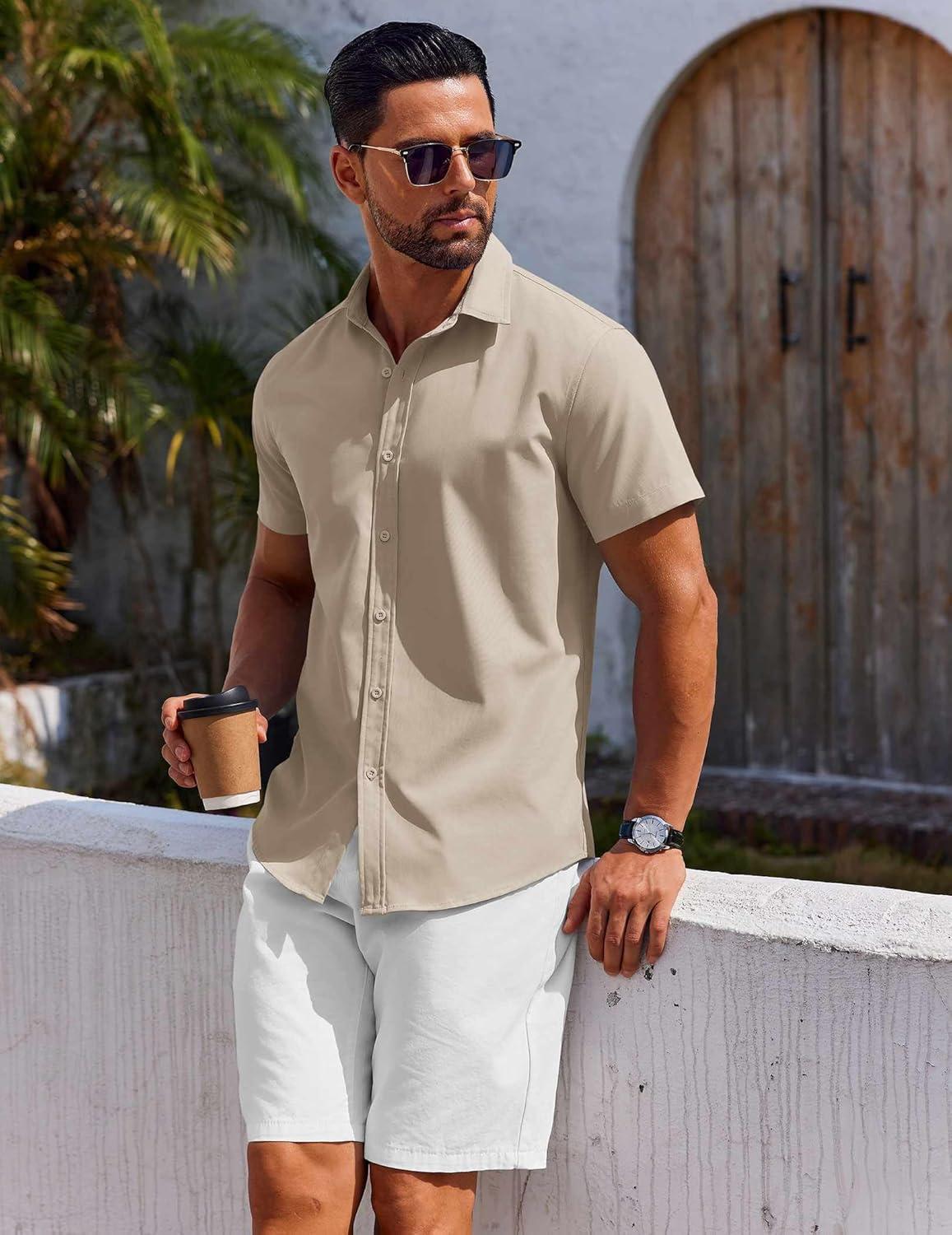 imageCOOFANDY Mens Button Down Shirt Short Sleeve Casual Shirt for Men Summer Business Casual Dress ShirtBeige