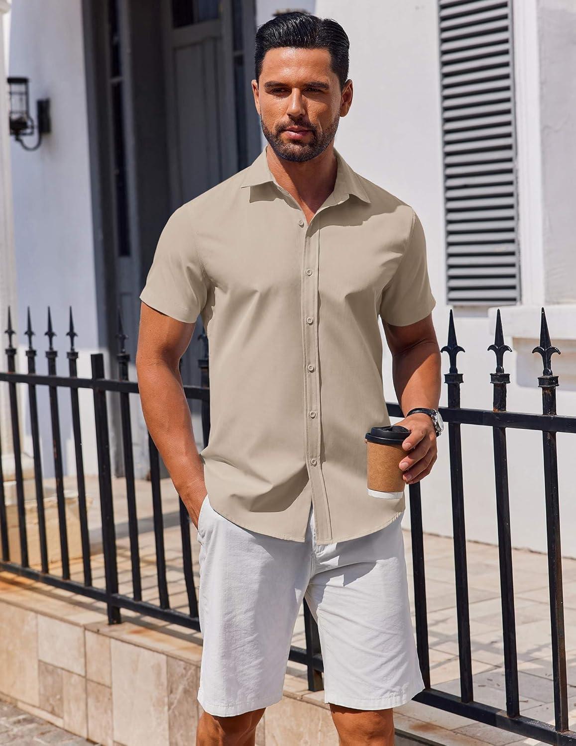 imageCOOFANDY Mens Button Down Shirt Short Sleeve Casual Shirt for Men Summer Business Casual Dress ShirtBeige