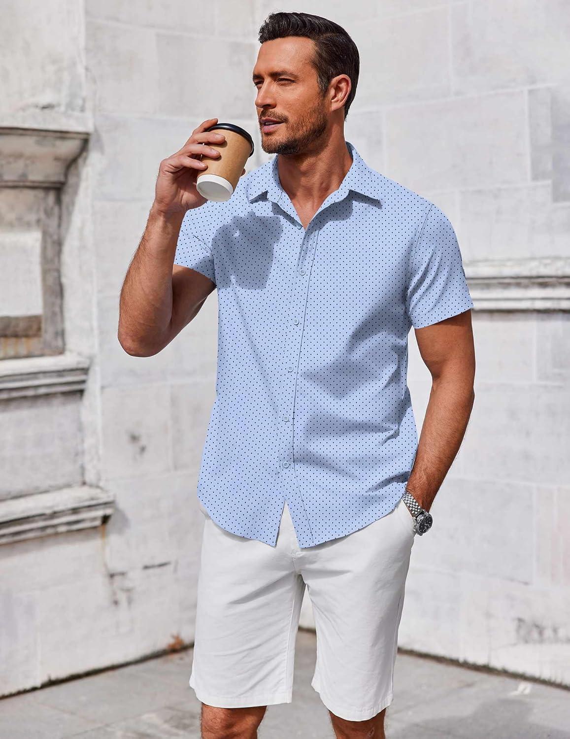 imageCOOFANDY Mens Button Down Shirt Short Sleeve Casual Shirt for Men Summer Business Casual Dress ShirtBlack Dotblue
