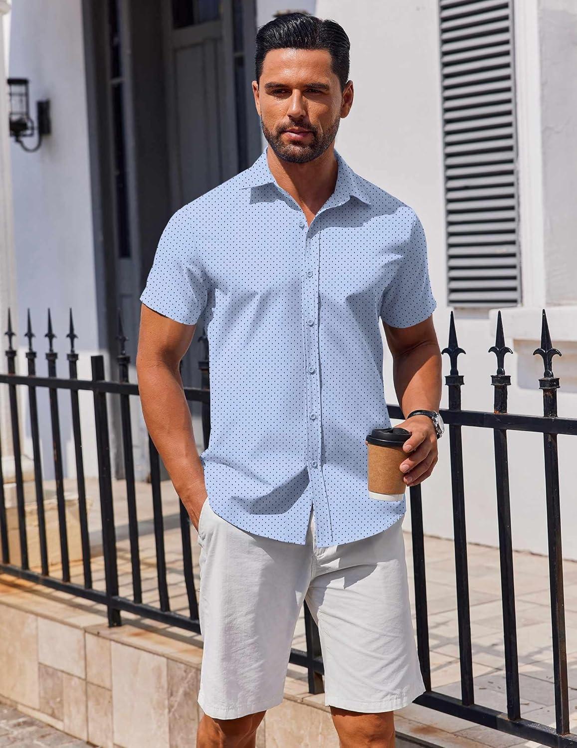 imageCOOFANDY Mens Button Down Shirt Short Sleeve Casual Shirt for Men Summer Business Casual Dress ShirtBlack Dotblue