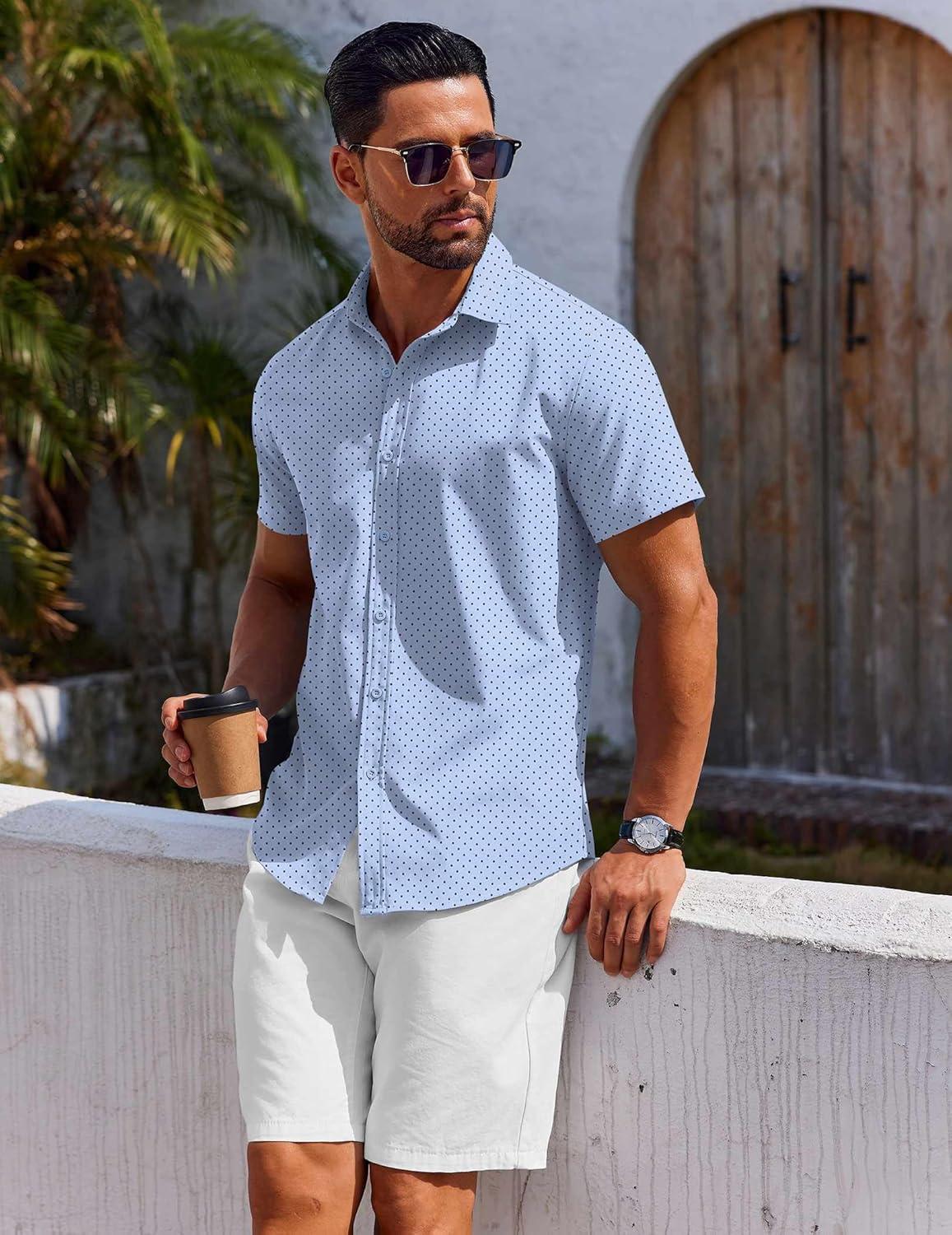 imageCOOFANDY Mens Button Down Shirt Short Sleeve Casual Shirt for Men Summer Business Casual Dress ShirtBlack Dotblue