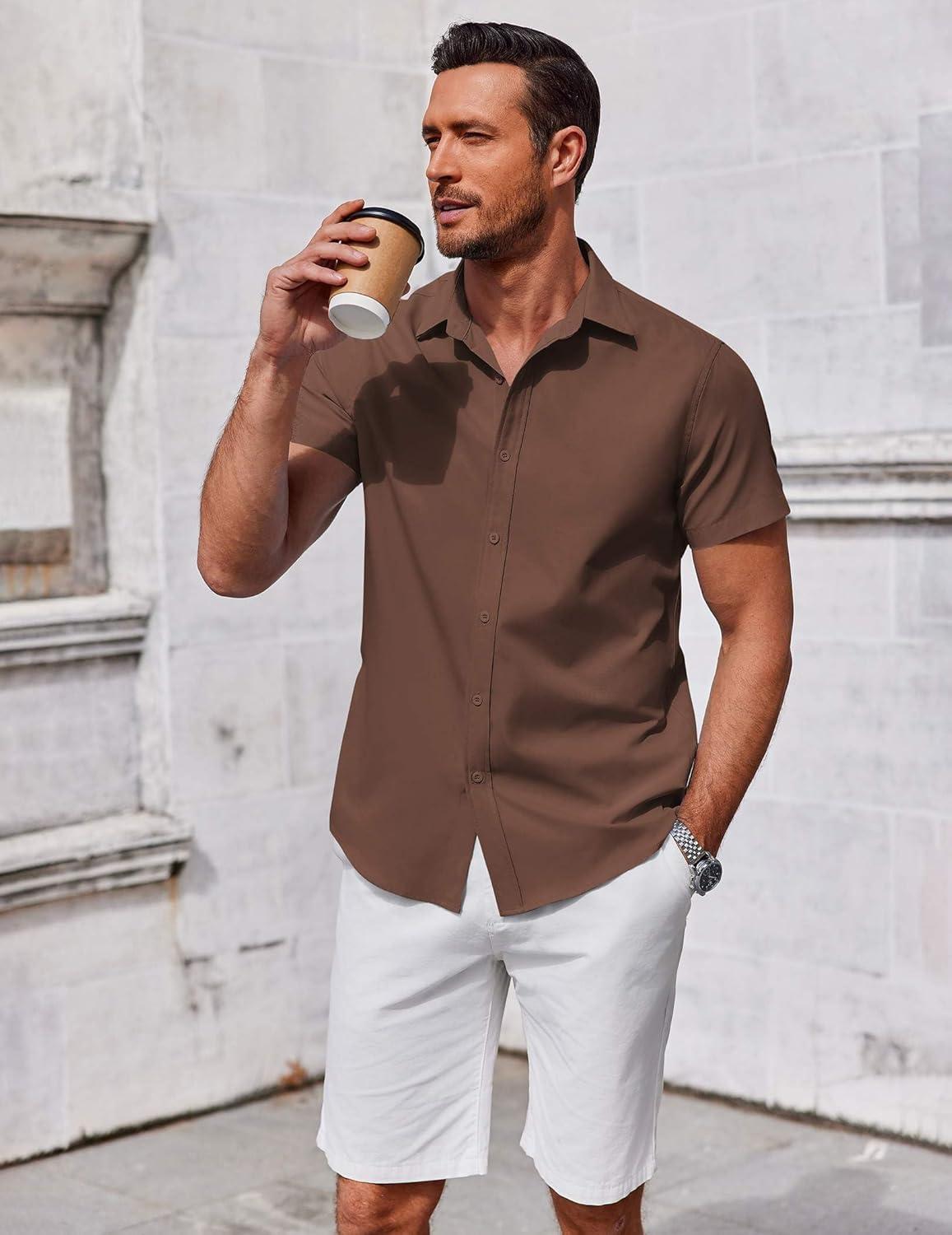 imageCOOFANDY Mens Button Down Shirt Short Sleeve Casual Shirt for Men Summer Business Casual Dress ShirtBrown