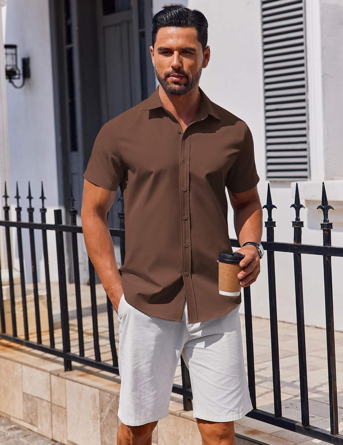 imageCOOFANDY Mens Button Down Shirt Short Sleeve Casual Shirt for Men Summer Business Casual Dress ShirtBrown