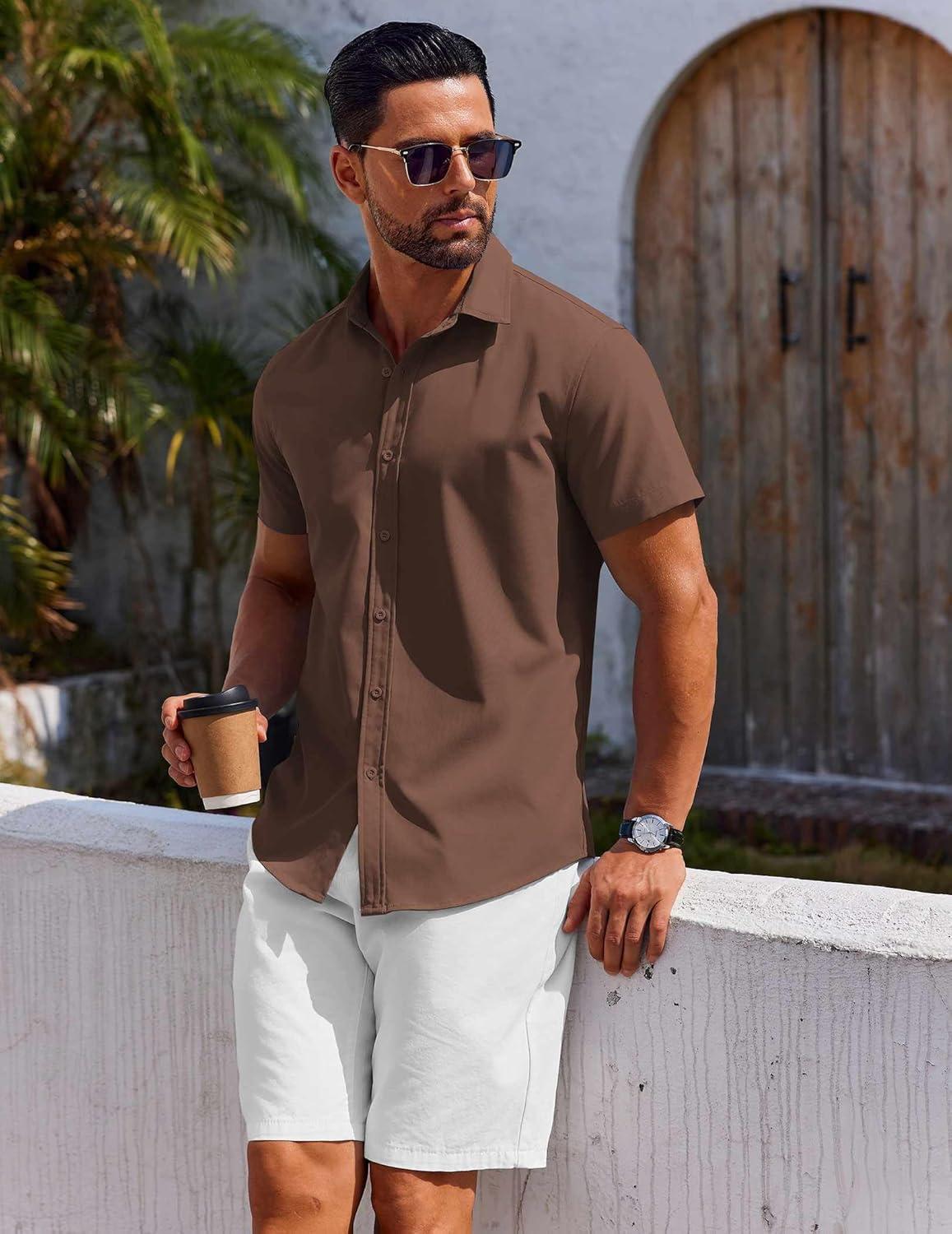 imageCOOFANDY Mens Button Down Shirt Short Sleeve Casual Shirt for Men Summer Business Casual Dress ShirtBrown