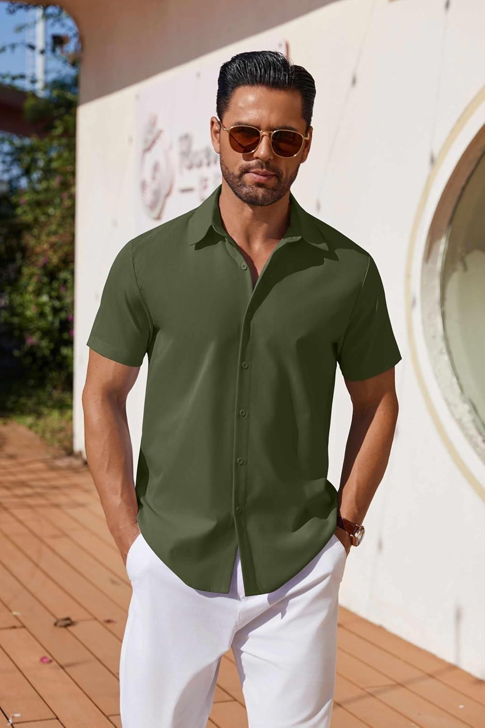 imageCOOFANDY Mens Button Down Shirts Short Sleeve Casual Shirt Summer Untucked Dress ShirtsArmy Green