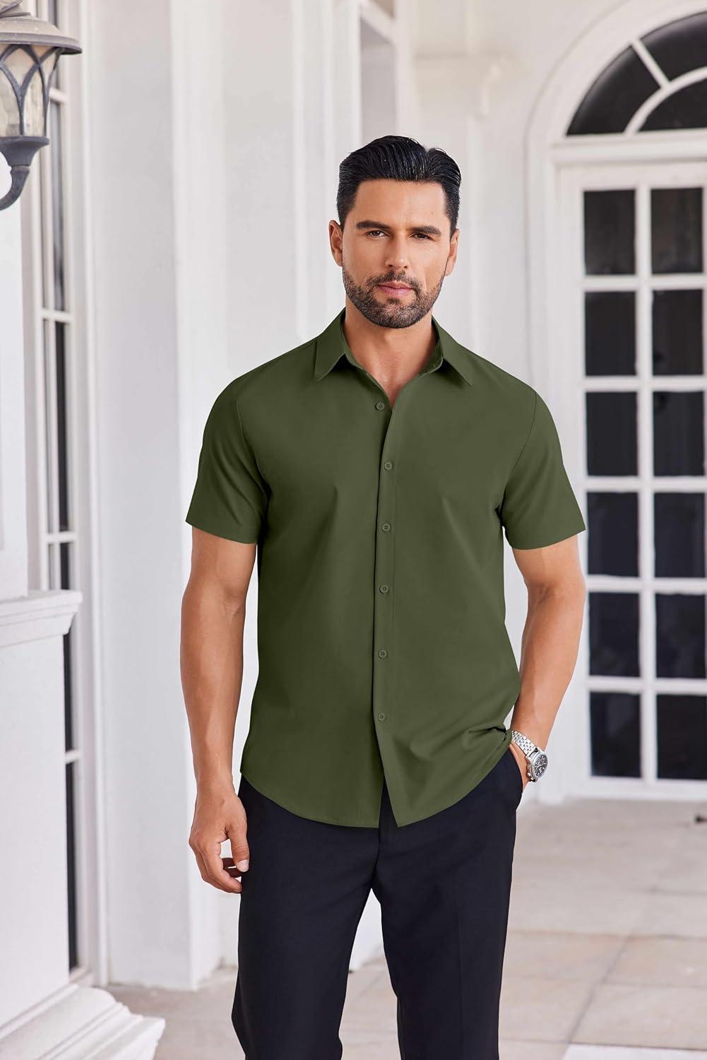 imageCOOFANDY Mens Button Down Shirts Short Sleeve Casual Shirt Summer Untucked Dress ShirtsArmy Green