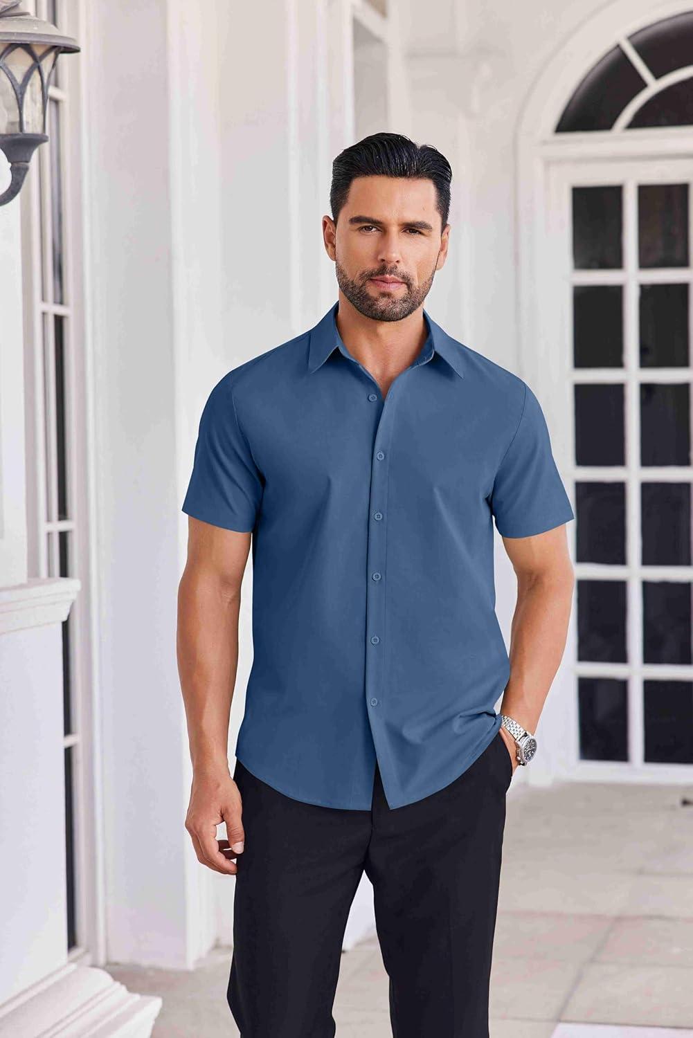 imageCOOFANDY Mens Button Down Shirts Short Sleeve Casual Shirt Summer Untucked Dress ShirtsBlue