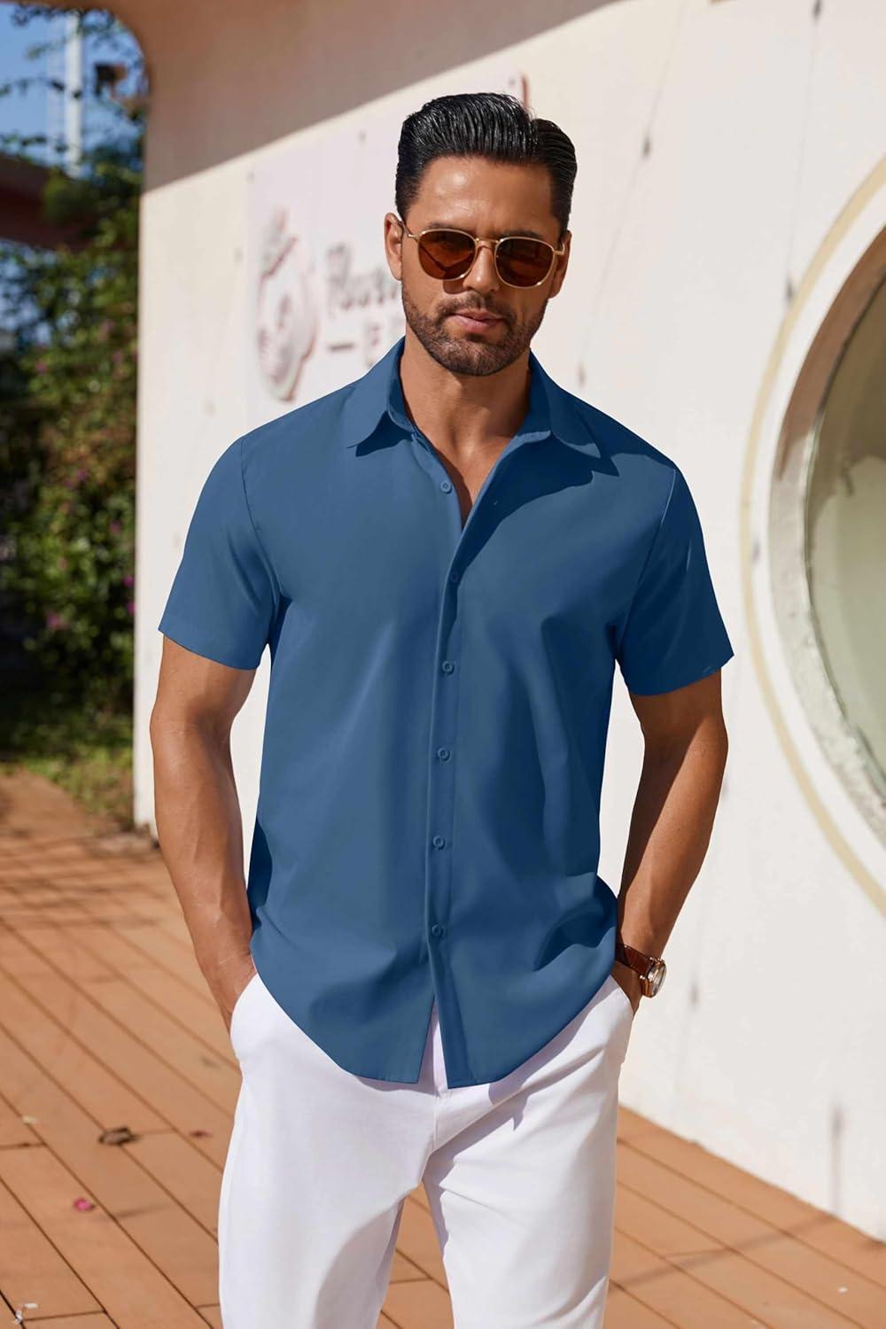 imageCOOFANDY Mens Button Down Shirts Short Sleeve Casual Shirt Summer Untucked Dress ShirtsBlue