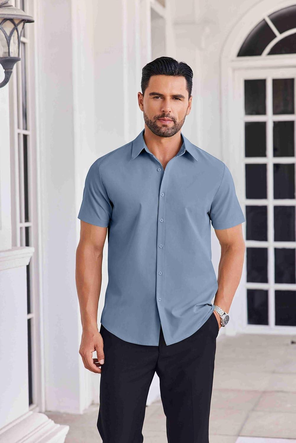 imageCOOFANDY Mens Button Down Shirts Short Sleeve Casual Shirt Summer Untucked Dress ShirtsCaptain Blue