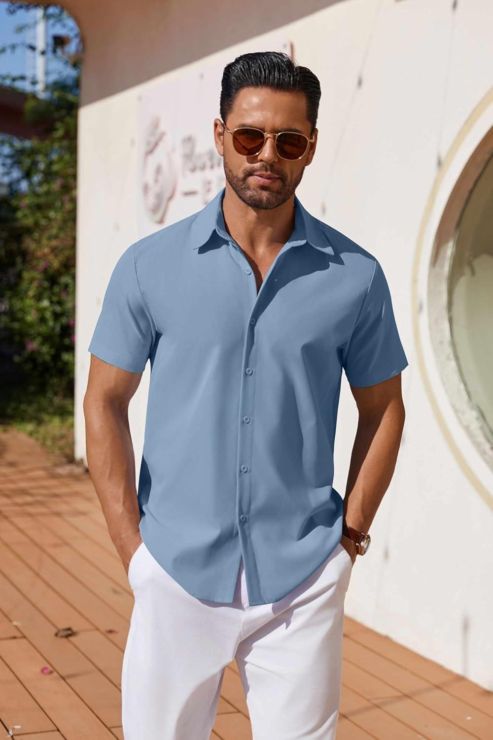 imageCOOFANDY Mens Button Down Shirts Short Sleeve Casual Shirt Summer Untucked Dress ShirtsCaptain Blue
