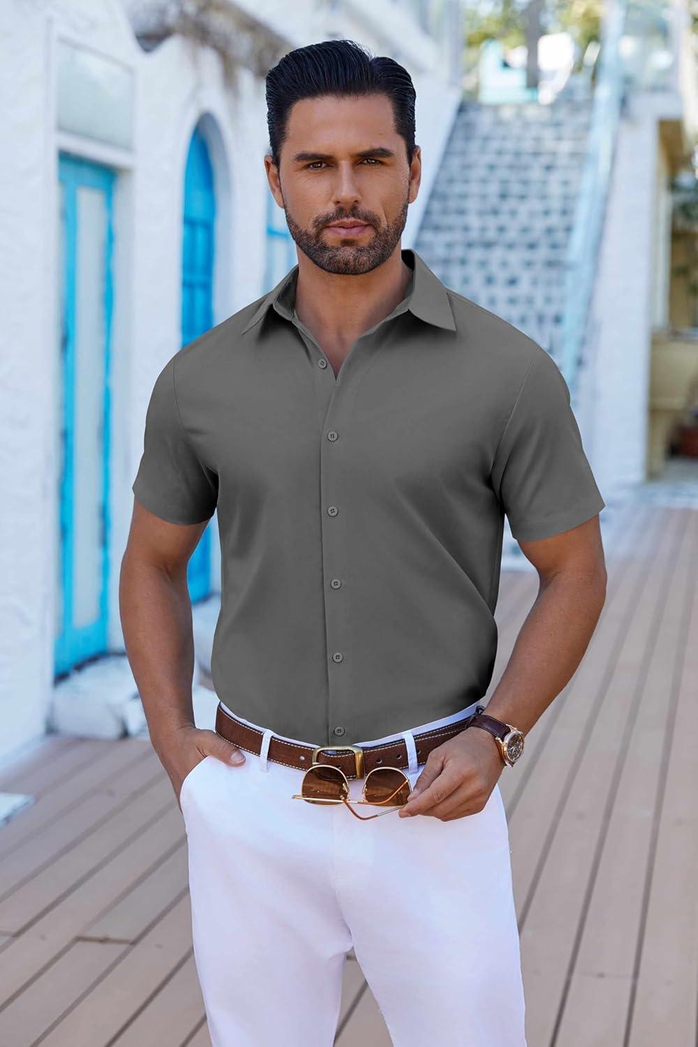 imageCOOFANDY Mens Button Down Shirts Short Sleeve Casual Shirt Summer Untucked Dress ShirtsDark Gray
