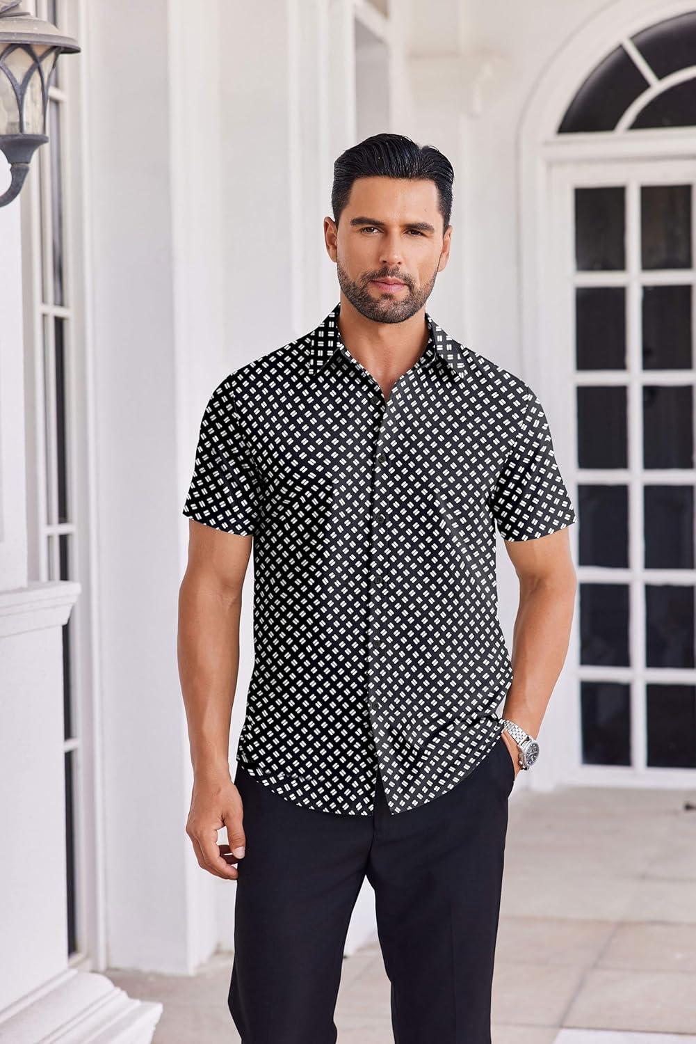 imageCOOFANDY Mens Button Down Shirts Short Sleeve Casual Shirt Summer Untucked Dress ShirtsGeometric Black