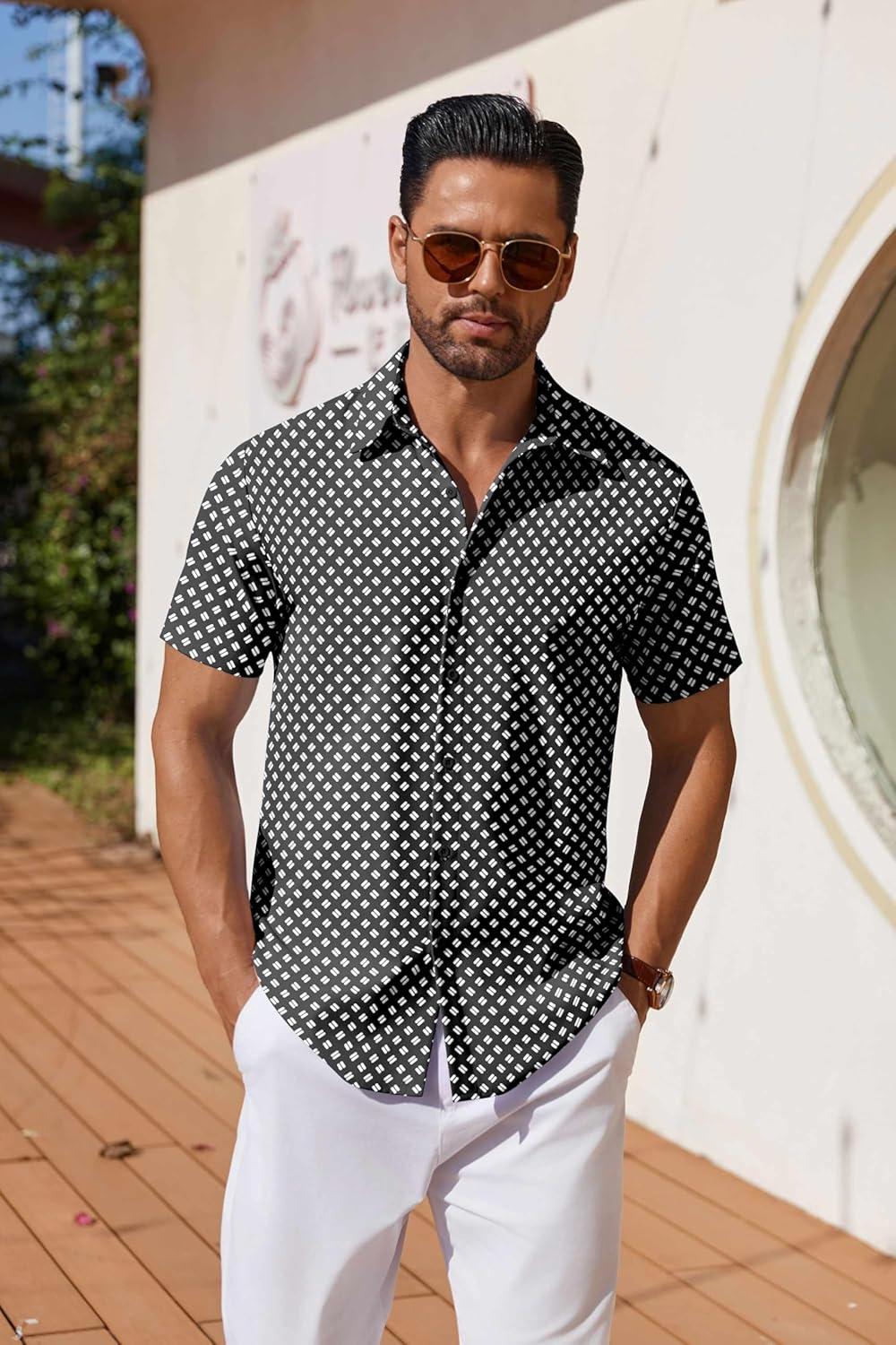 imageCOOFANDY Mens Button Down Shirts Short Sleeve Casual Shirt Summer Untucked Dress ShirtsGeometric Black