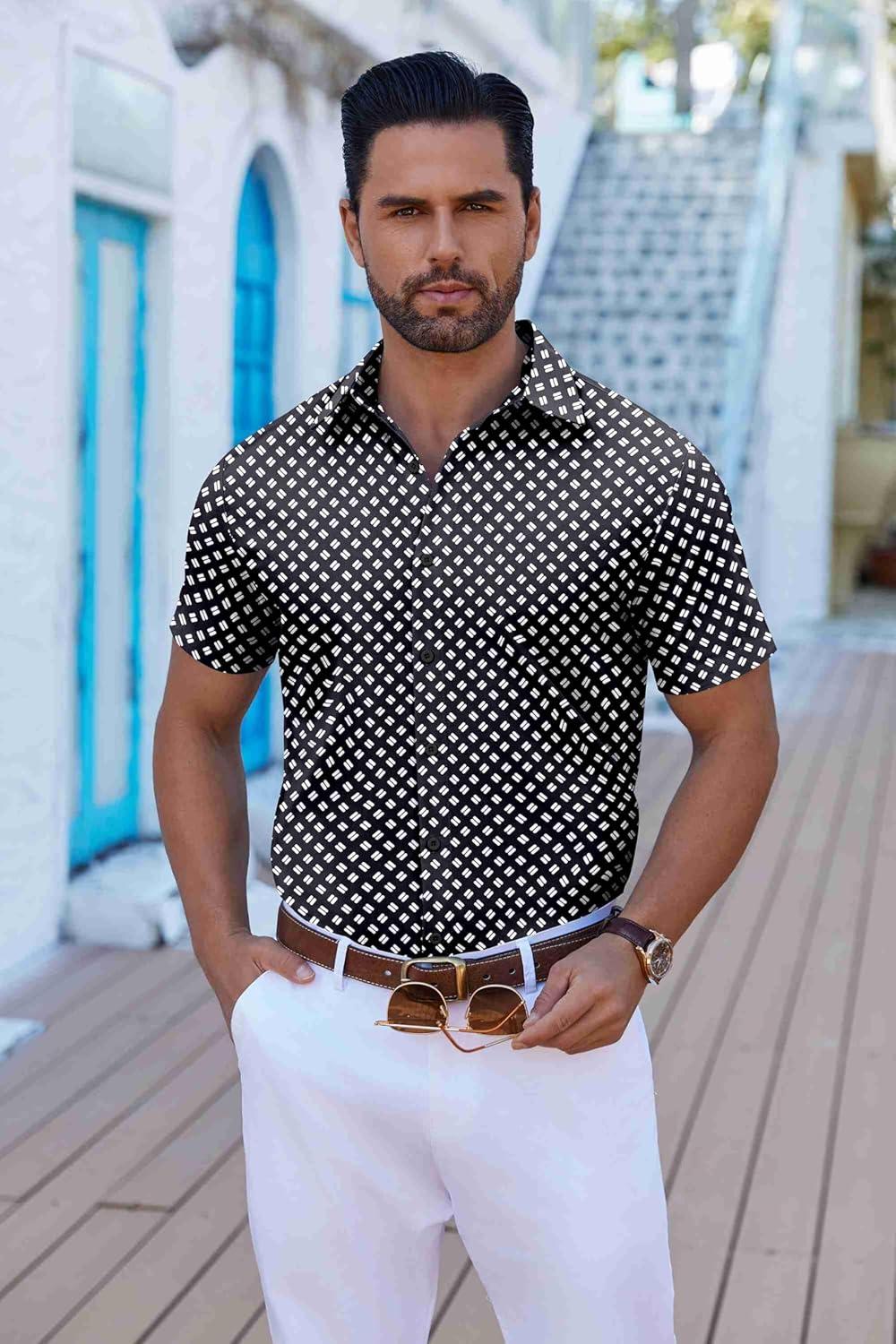 imageCOOFANDY Mens Button Down Shirts Short Sleeve Casual Shirt Summer Untucked Dress ShirtsGeometric Black