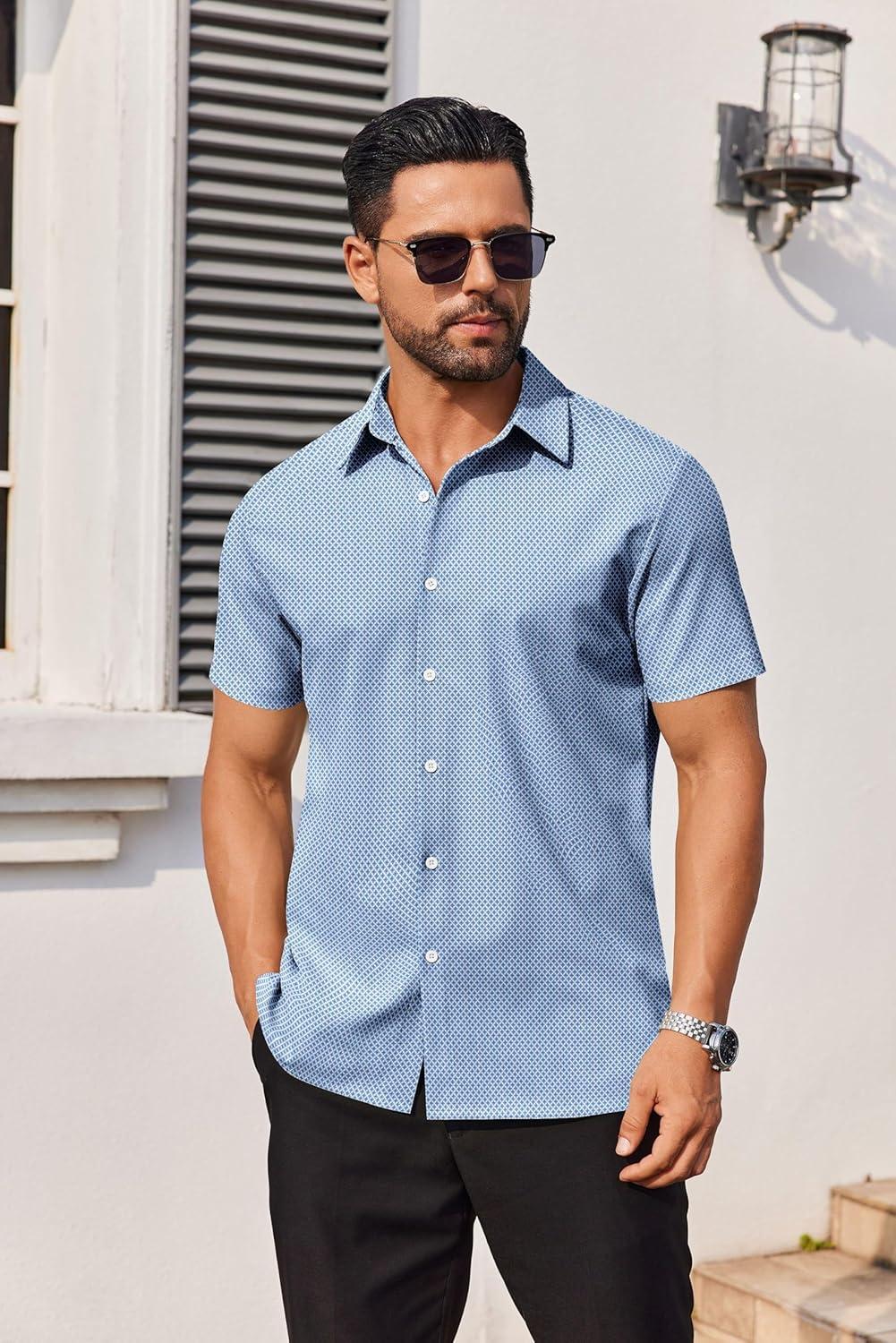 imageCOOFANDY Mens Button Down Shirts Short Sleeve Casual Shirt Summer Untucked Dress ShirtsGeometric Blue