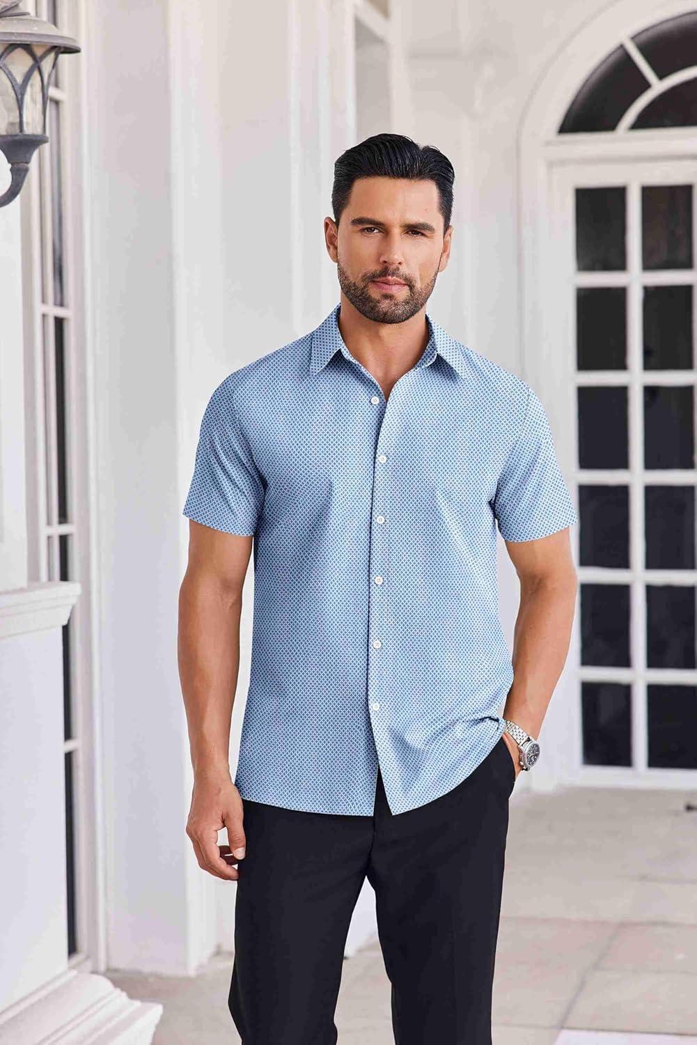 imageCOOFANDY Mens Button Down Shirts Short Sleeve Casual Shirt Summer Untucked Dress ShirtsGeometric Blue
