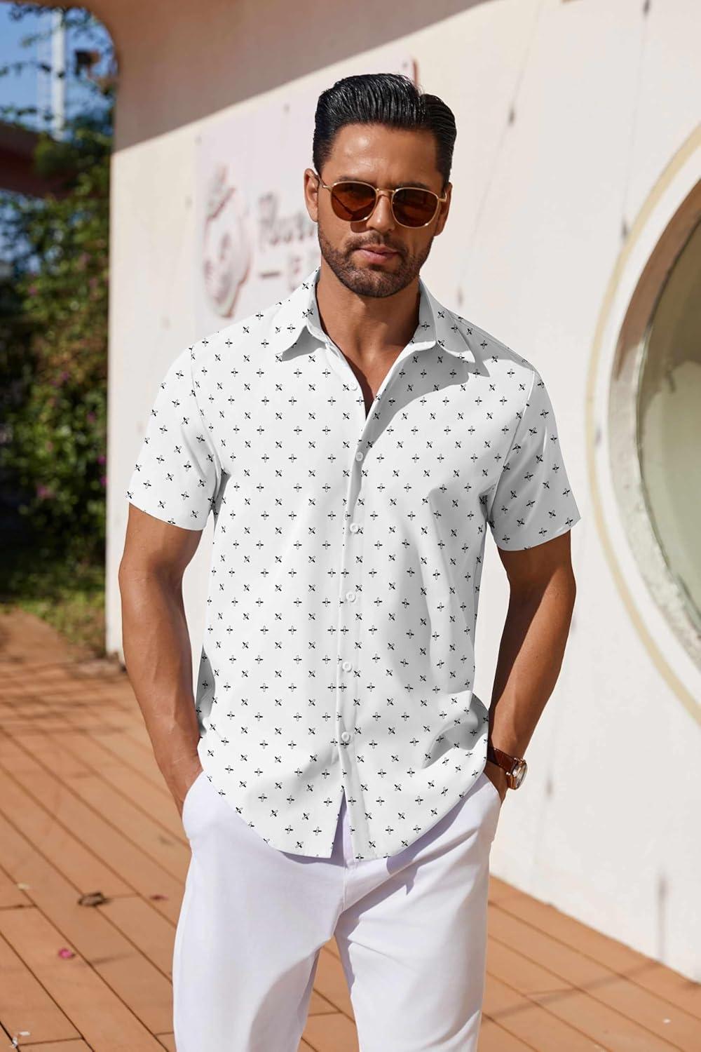 imageCOOFANDY Mens Button Down Shirts Short Sleeve Casual Shirt Summer Untucked Dress ShirtsGeometric White