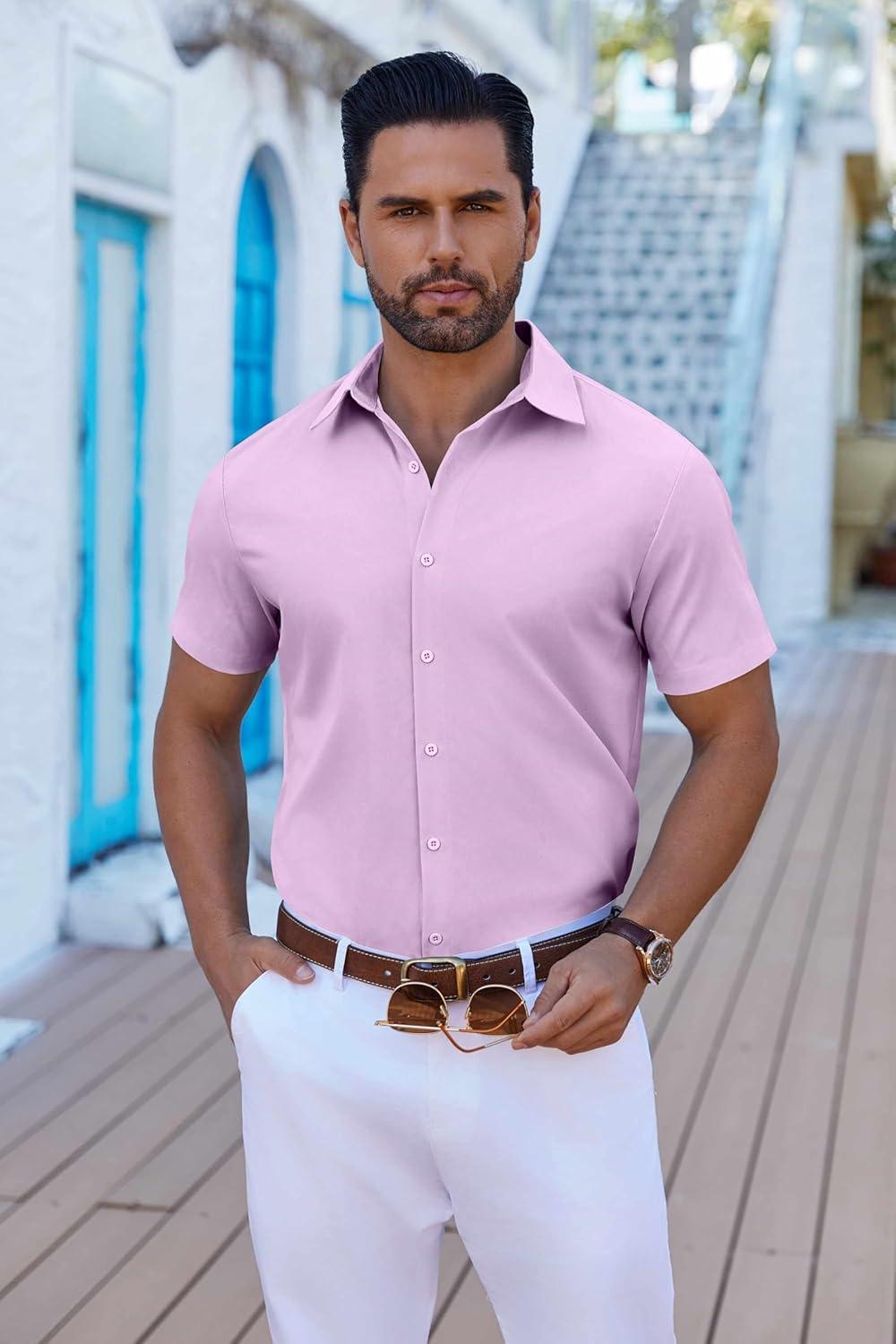 imageCOOFANDY Mens Button Down Shirts Short Sleeve Casual Shirt Summer Untucked Dress ShirtsLavender
