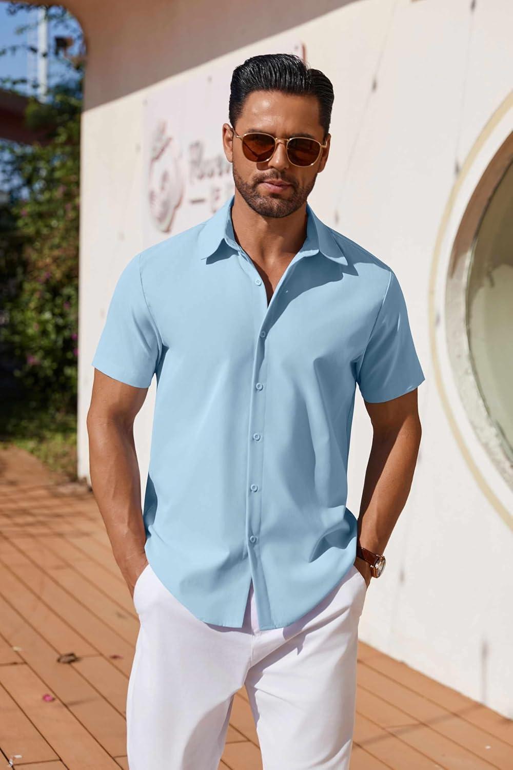 imageCOOFANDY Mens Button Down Shirts Short Sleeve Casual Shirt Summer Untucked Dress ShirtsLight Blue