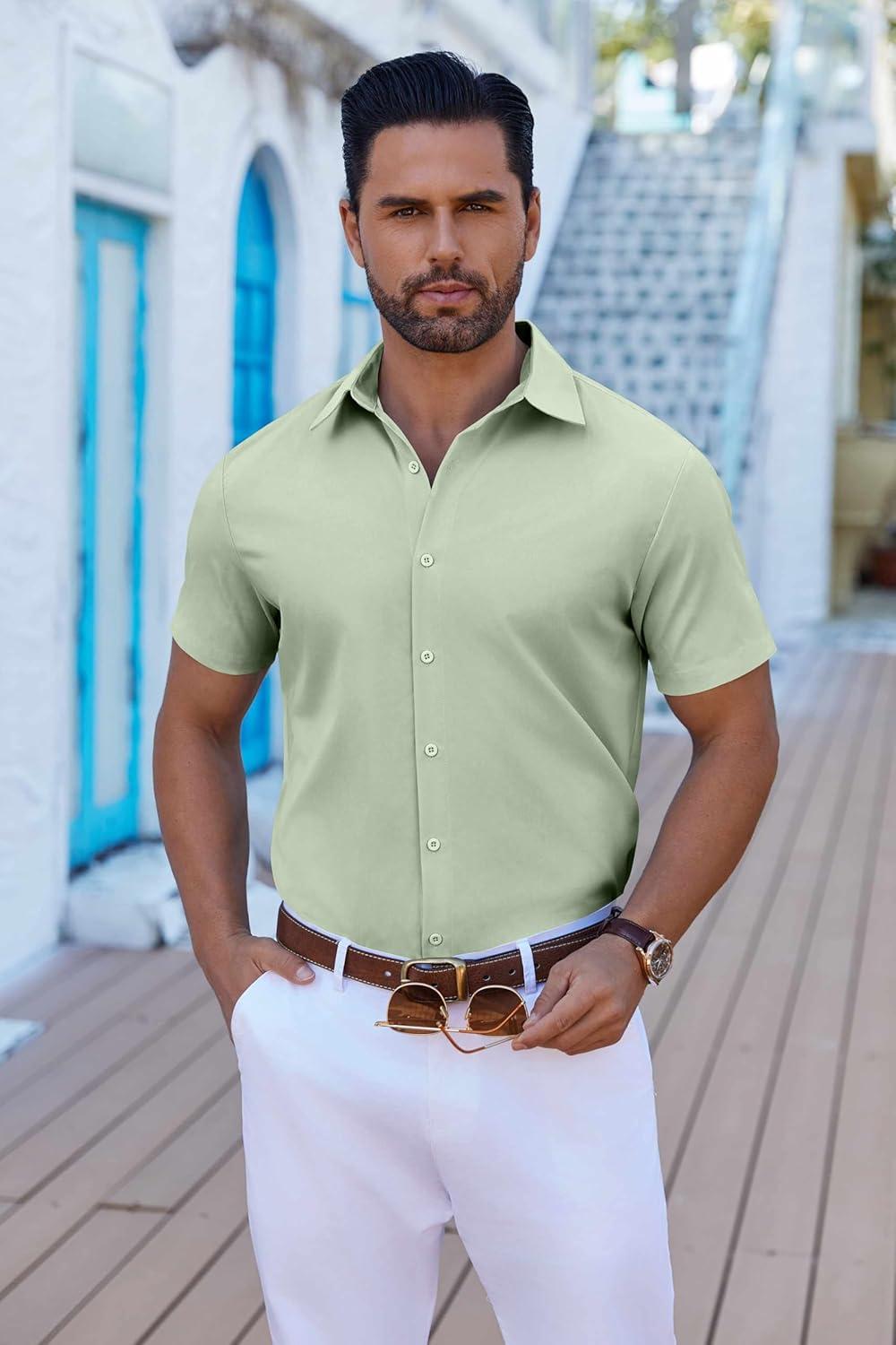 imageCOOFANDY Mens Button Down Shirts Short Sleeve Casual Shirt Summer Untucked Dress ShirtsLight Green